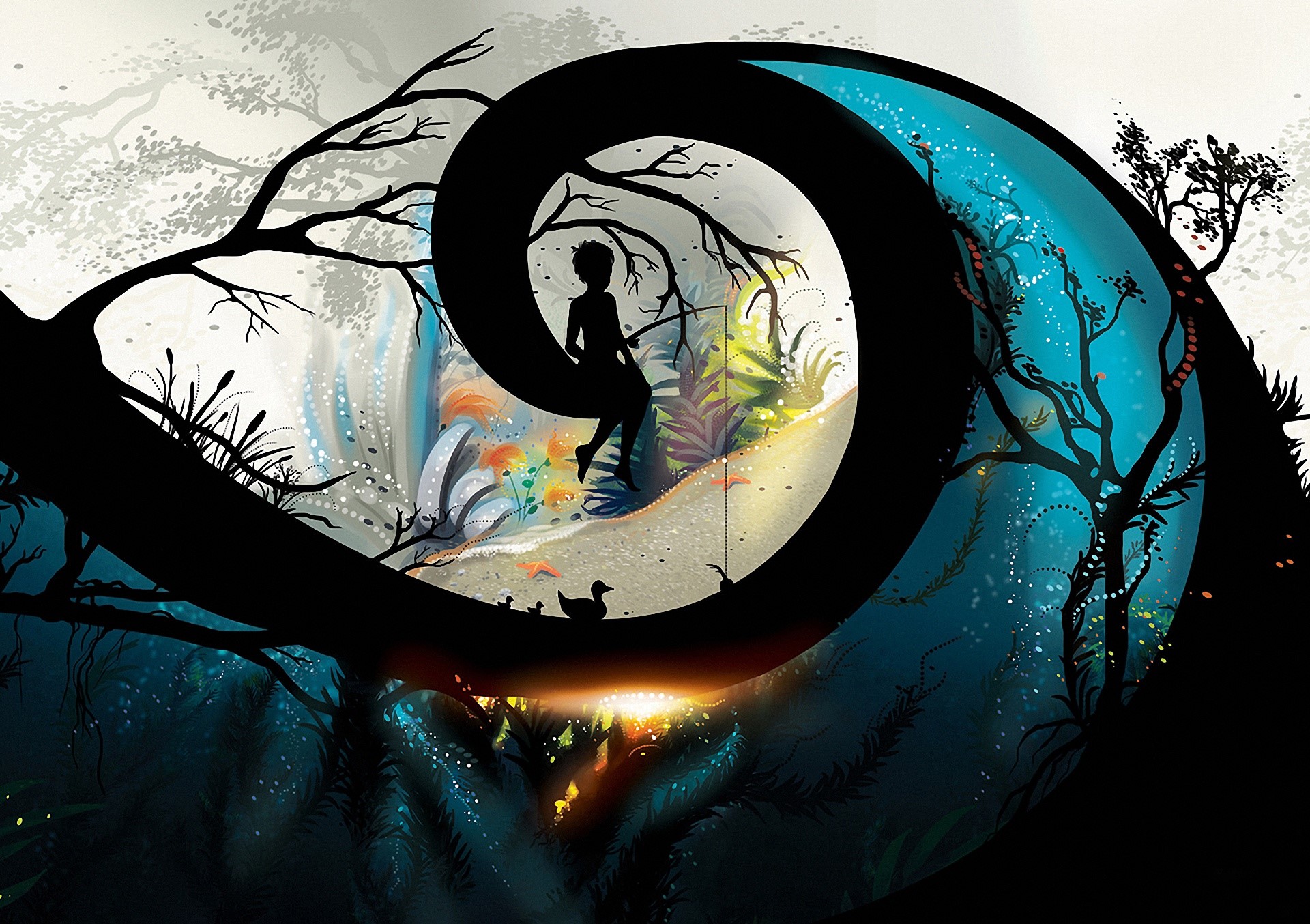 Boy fishing on a spiral tree branch HD Wallpaper