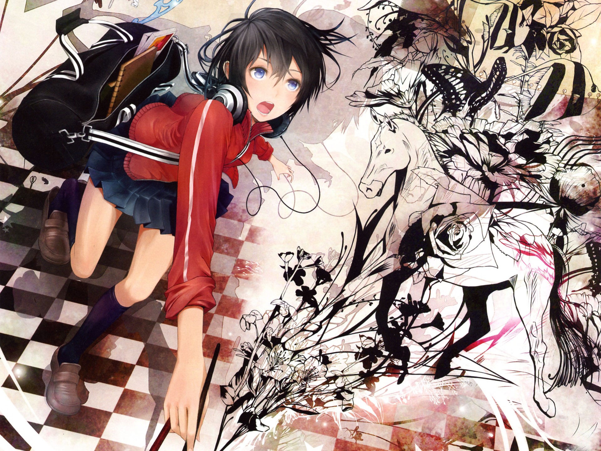 Girl with headphones and backpack on checkered floor HD Wallpaper