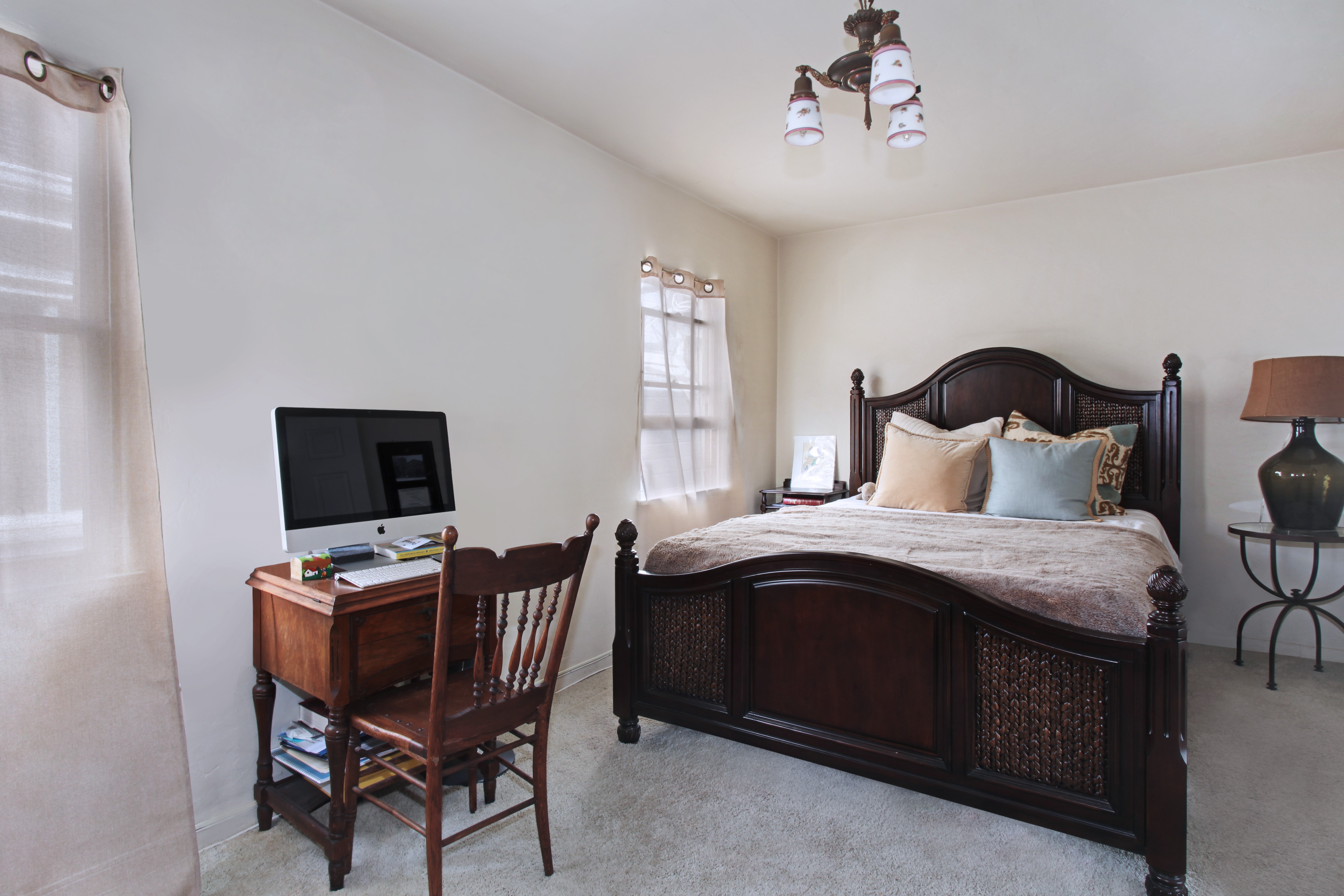 Bedroom with bed, desk, and chair HD Wallpaper