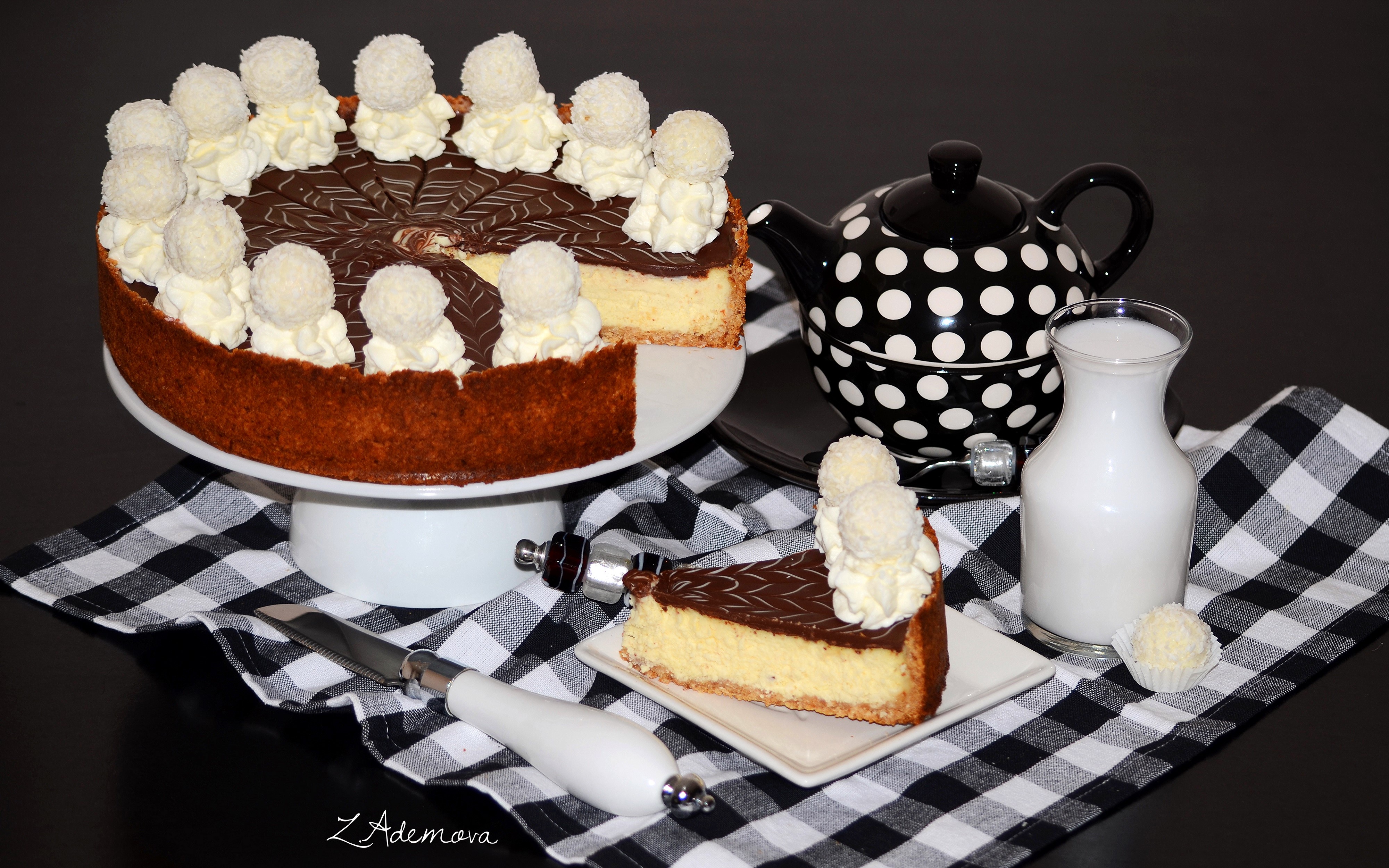 Cheesecake with chocolate glaze and coconut balls HD Wallpaper