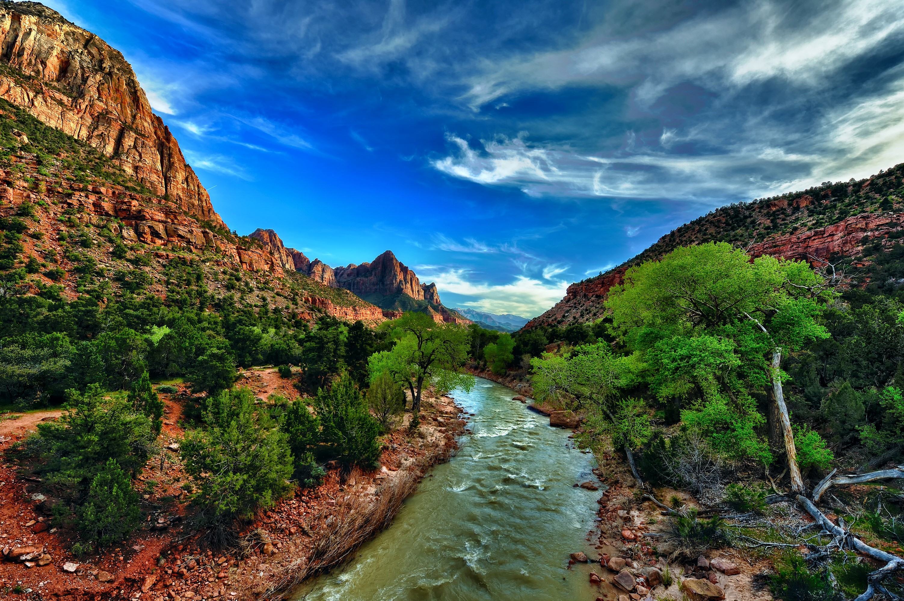 Zion National Park with Virgin River and Mountains HD Wallpaper