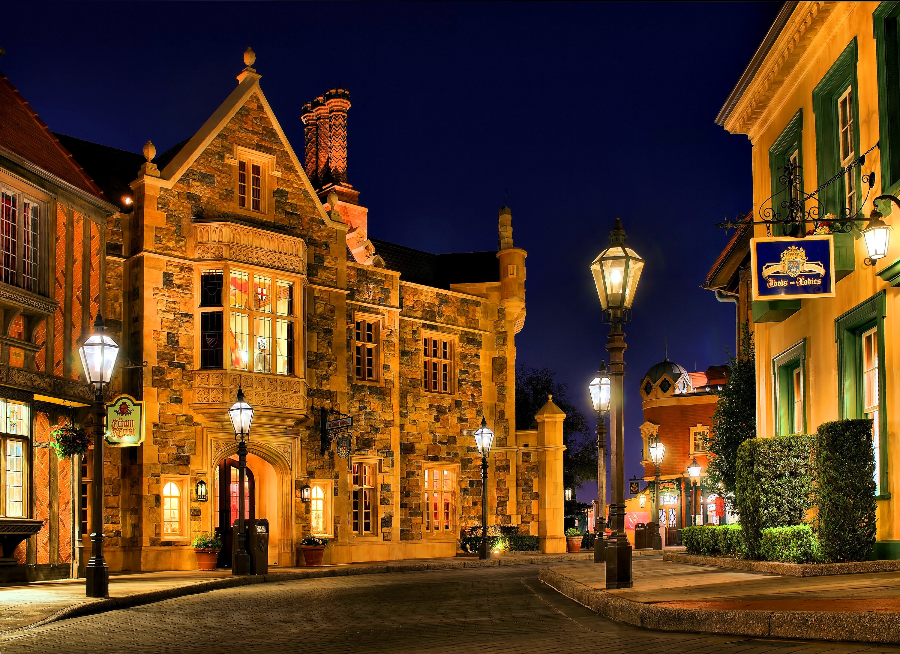 Street scene at night in Disneyland, Anaheim, California HD Wallpaper