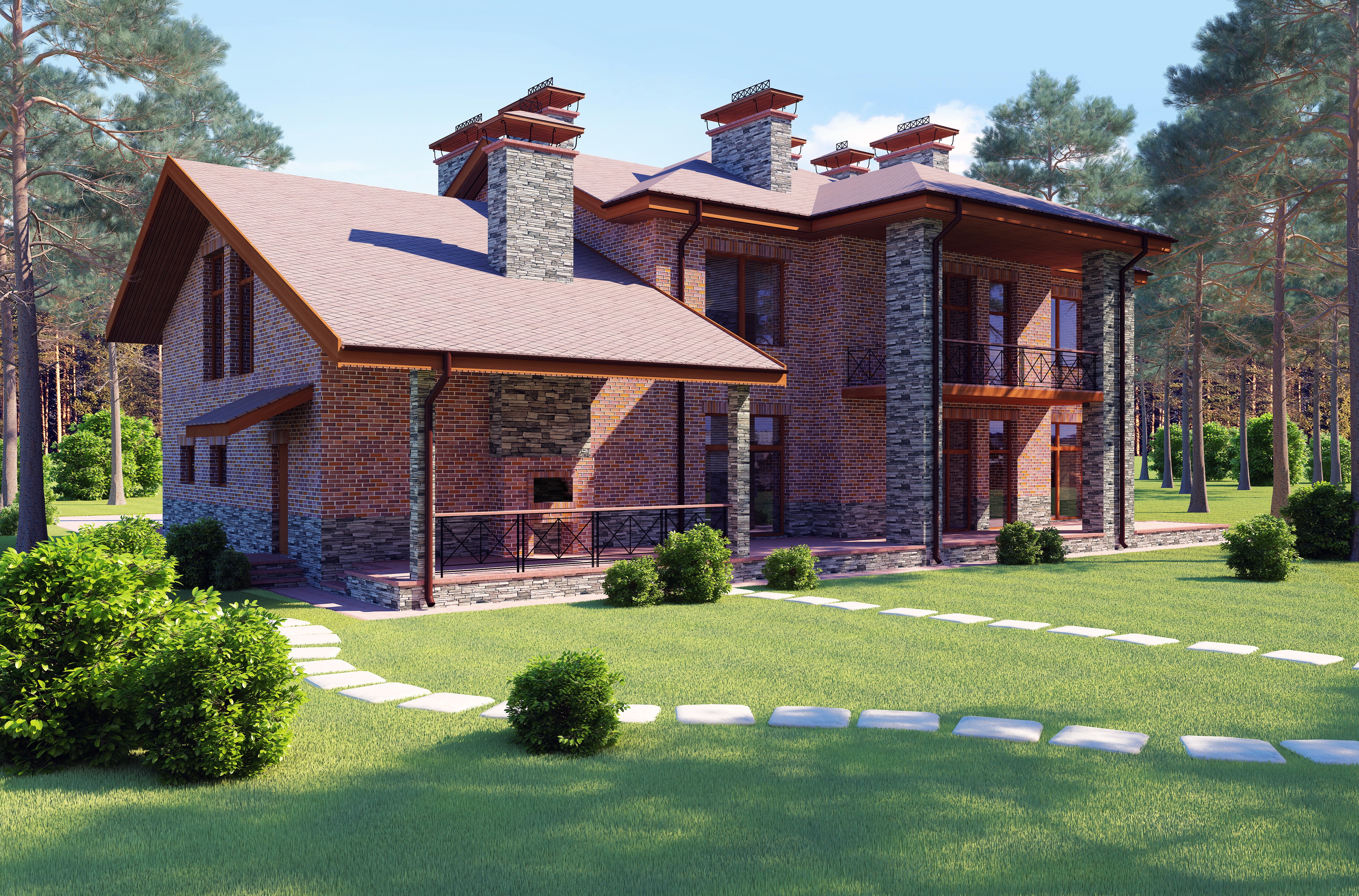Brick house with stone accents and a lawn HD Wallpaper