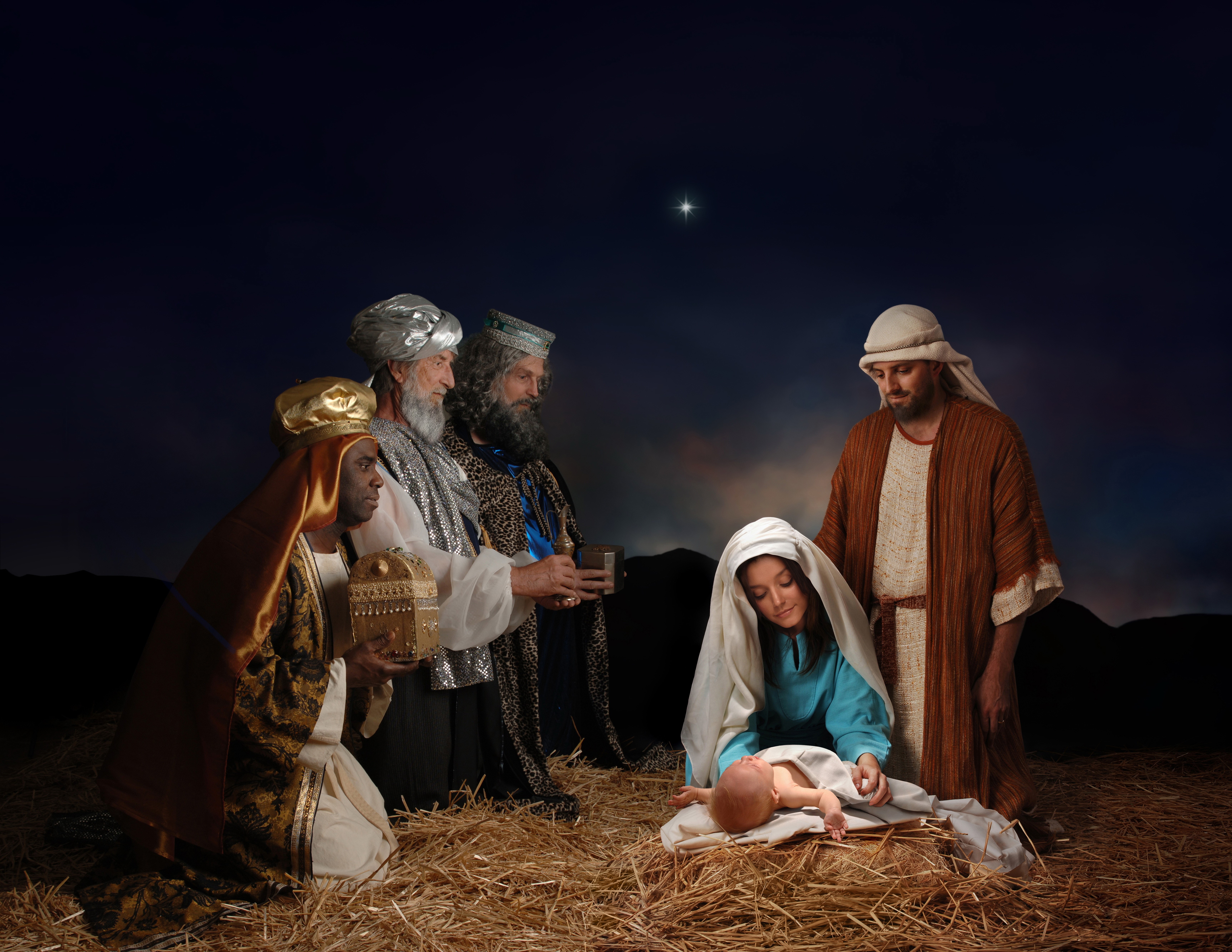 Nativity Scene with Three Wise Men HD Wallpaper