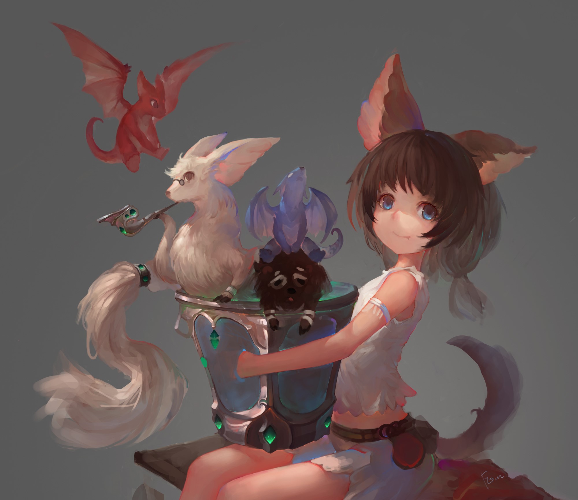 Girl with magical creatures and dragons HD Wallpaper