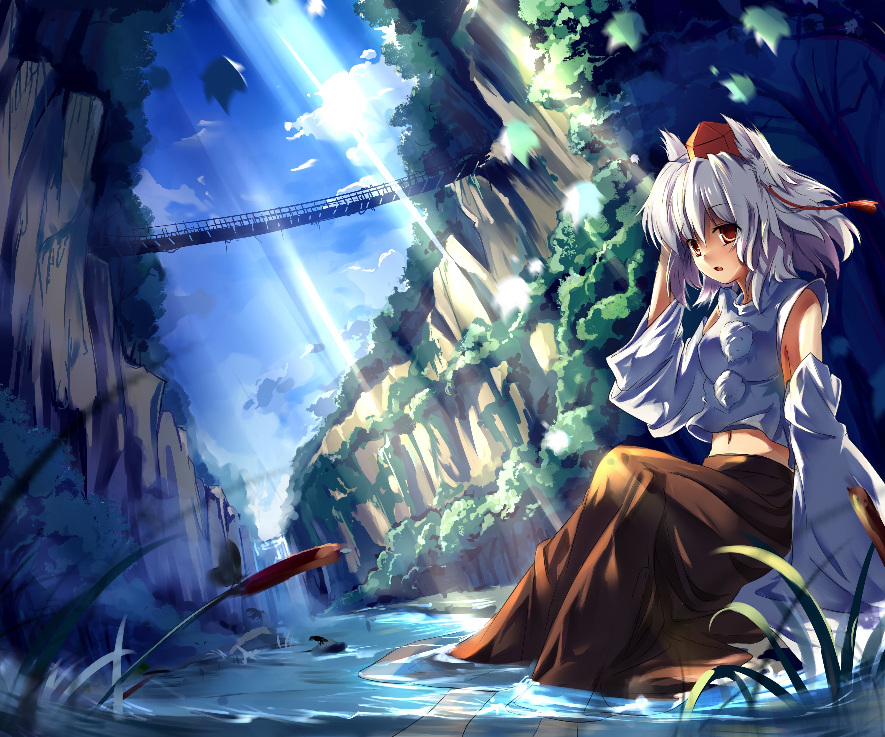 Inubashiri Momiji from Touhou Collection sitting by a stream HD Wallpaper