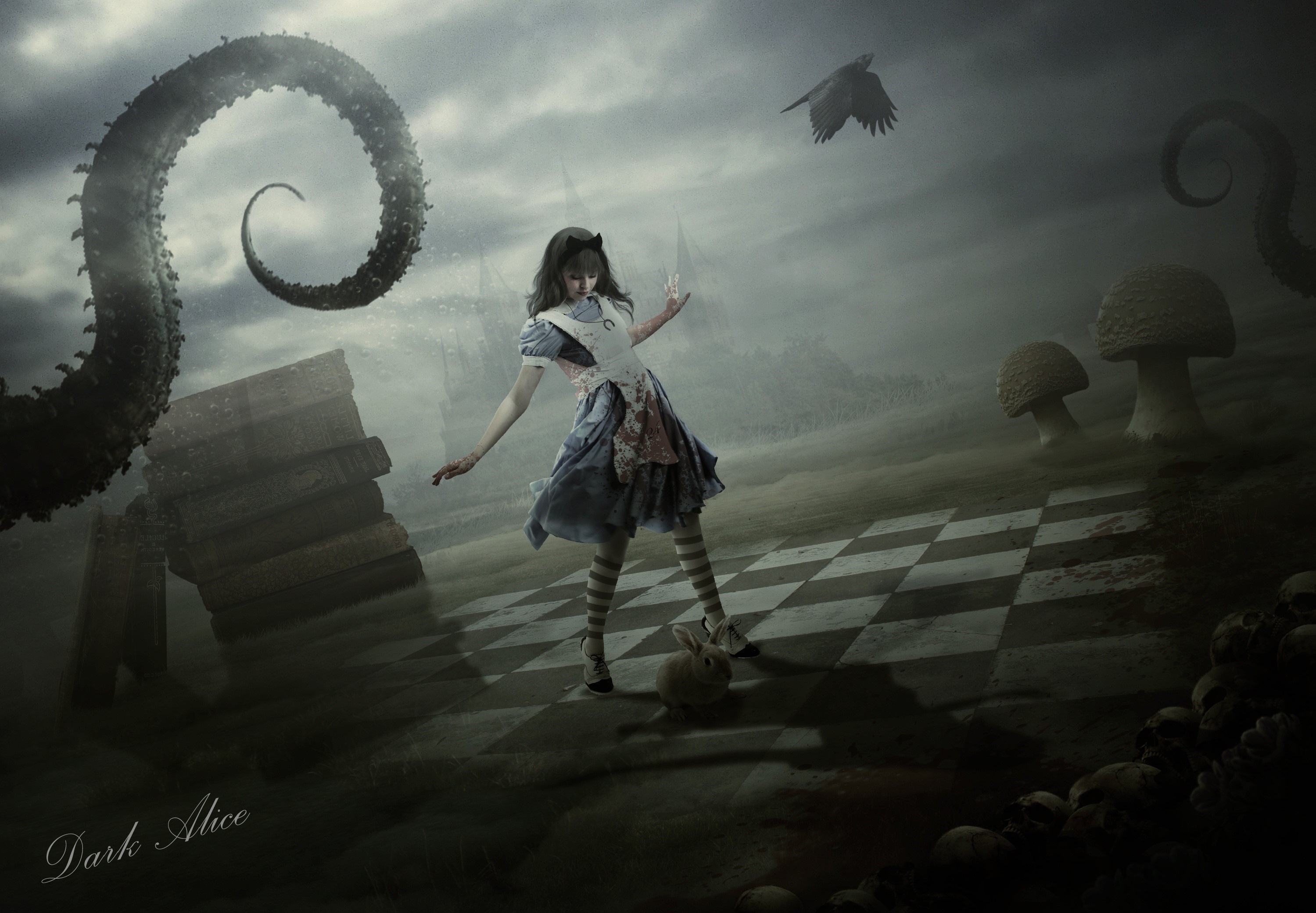 Dark Alice in a surreal fantasy world HD Wallpaper
