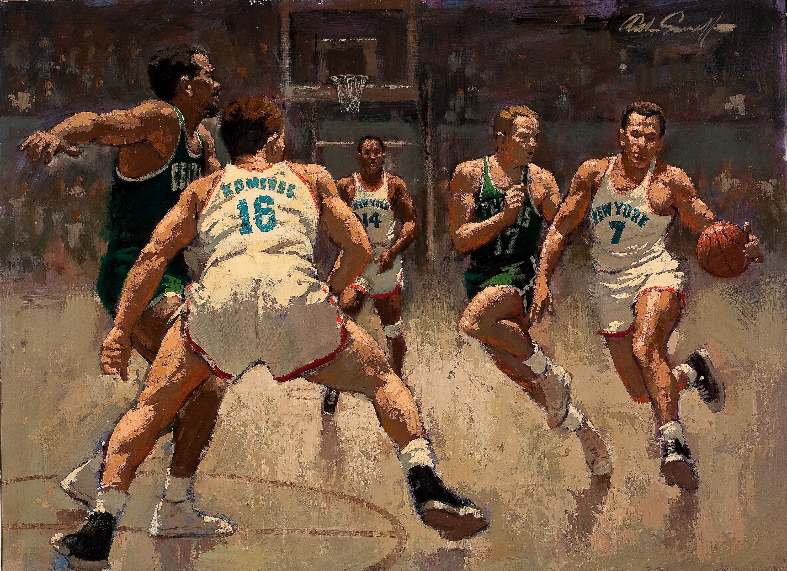Arthur Saron Sarnoff painting of Knicks vs. Celtics basketball game HD Wallpaper
