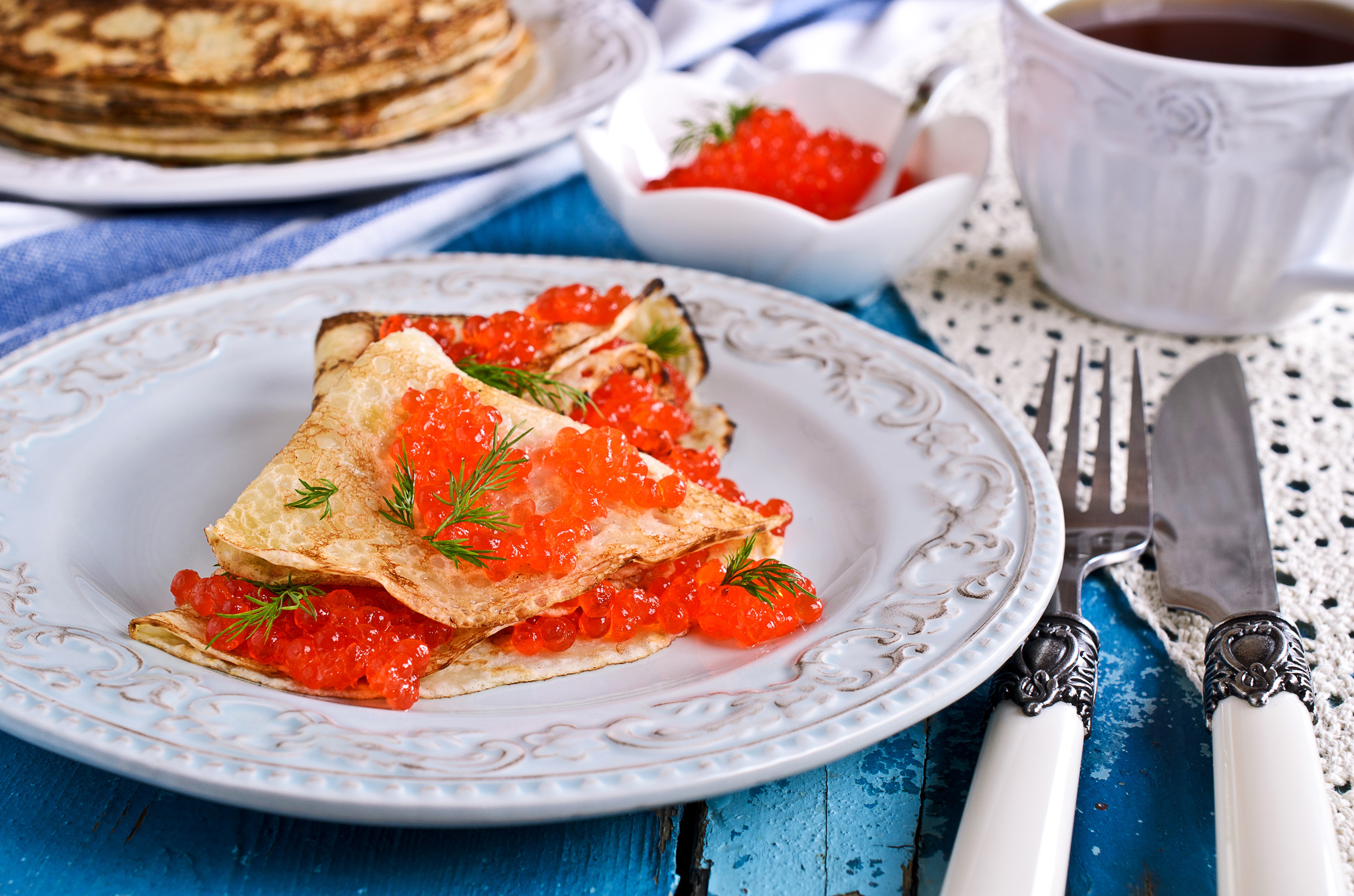 Pancakes with Red Caviar and Dill HD Wallpaper
