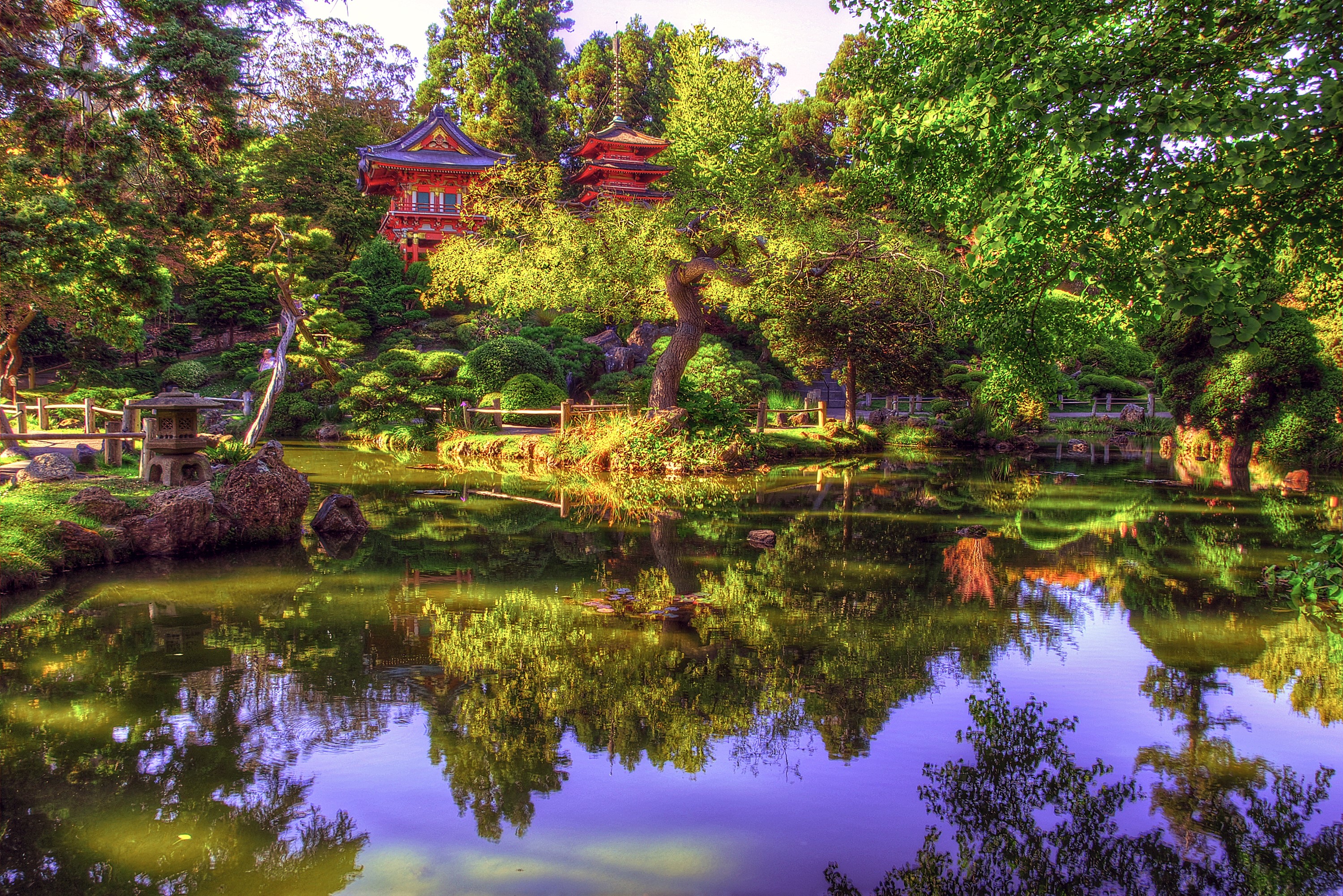 Japanese Garden with Pagoda and Pond in San Francisco HD Wallpaper