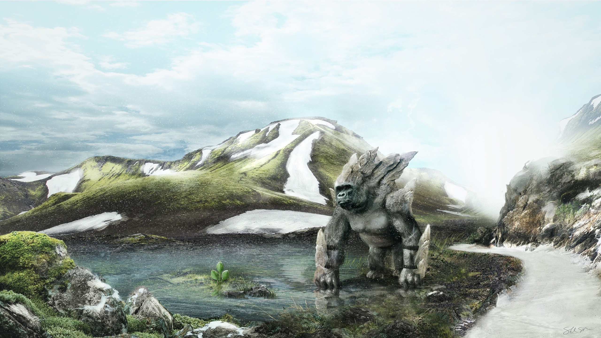 Stone Gorilla in a Snowy Mountain Landscape HD Wallpaper