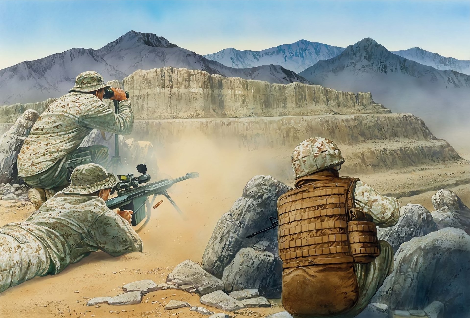 Soldiers with sniper rifle in mountainous terrain HD Wallpaper