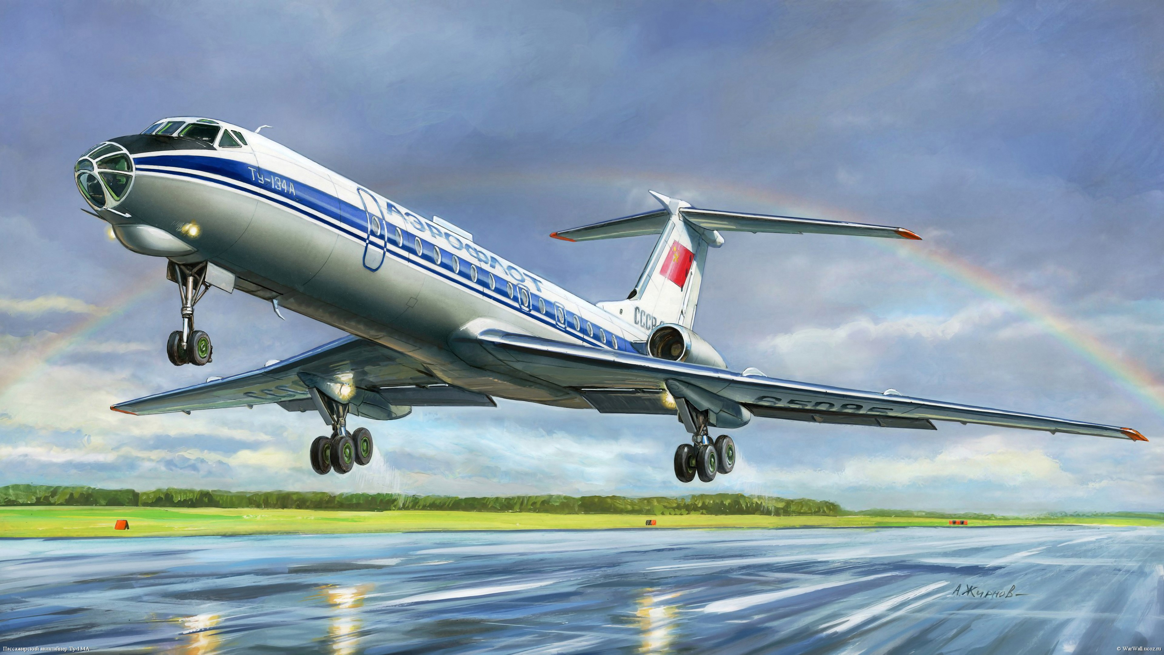 Ty-134A Airplane Passenger Airplanes Painting Art Rainbow Takeoff HD Wallpaper