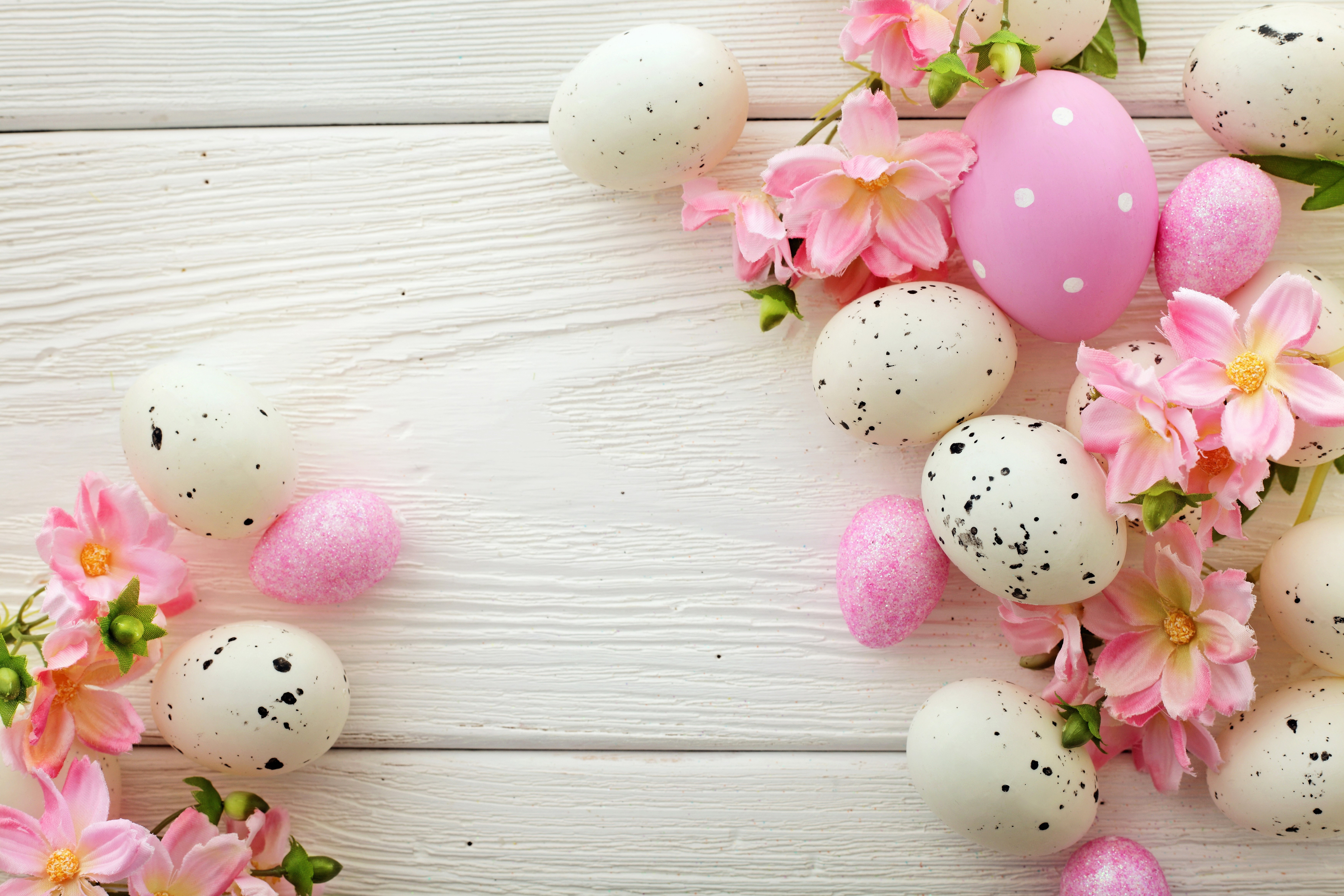 Easter Eggs and Pink Flowers on White Wood HD Wallpaper