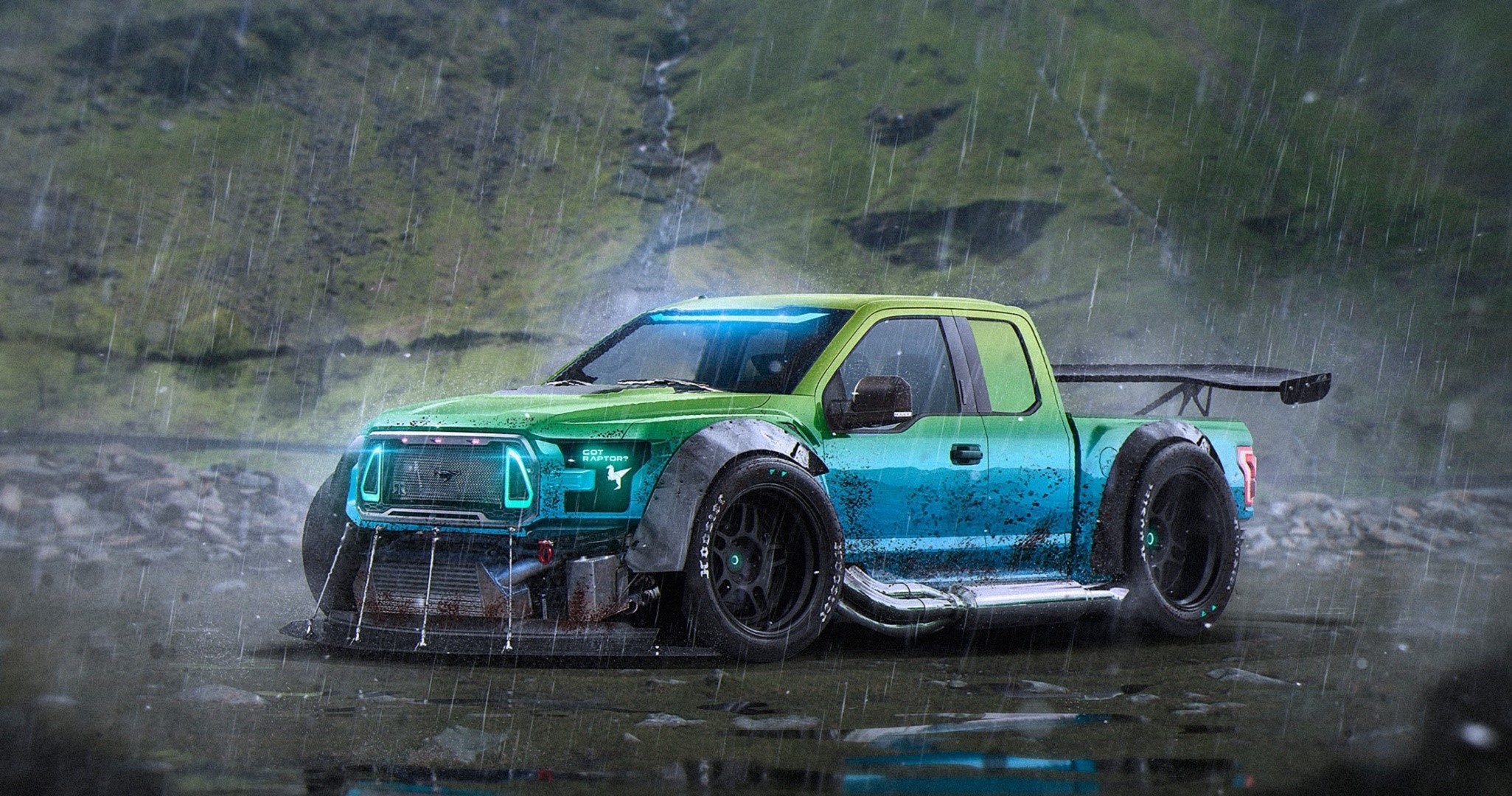 Modified Ford Raptor truck in the rain HD Wallpaper