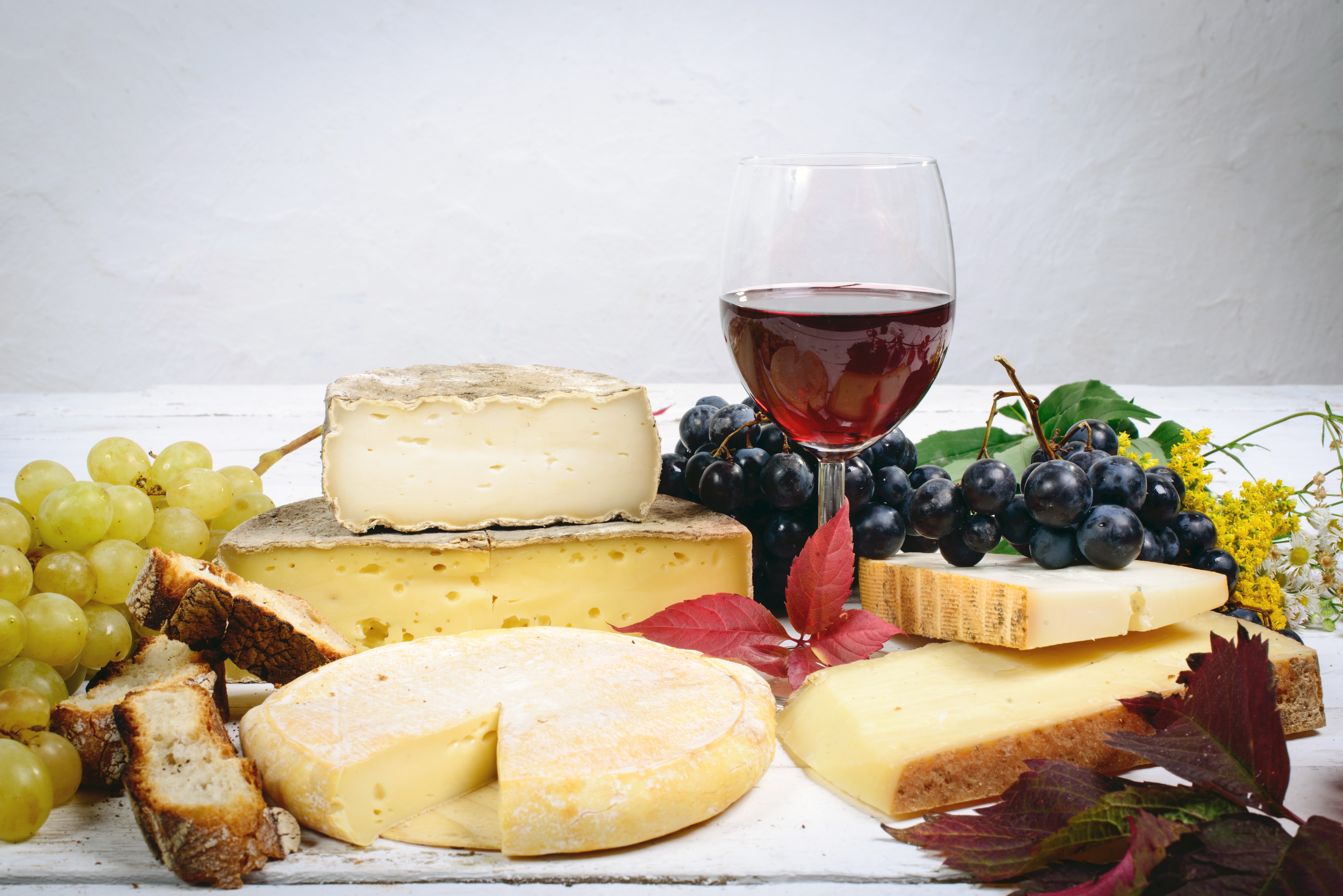 Cheese, Grapes, and Red Wine with Stemware HD Wallpaper