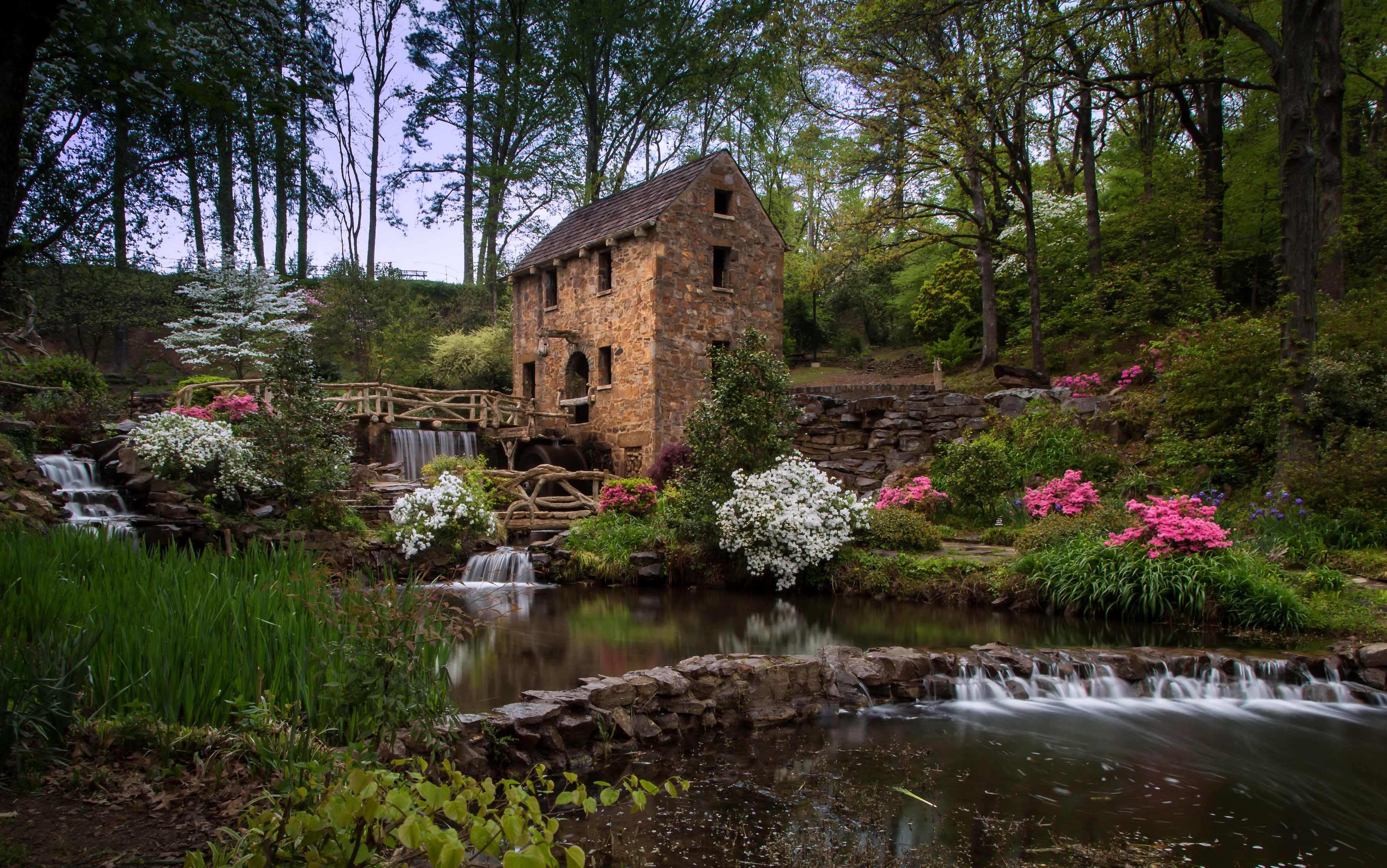 Stone Mill with Waterfalls and Flowers HD Wallpaper
