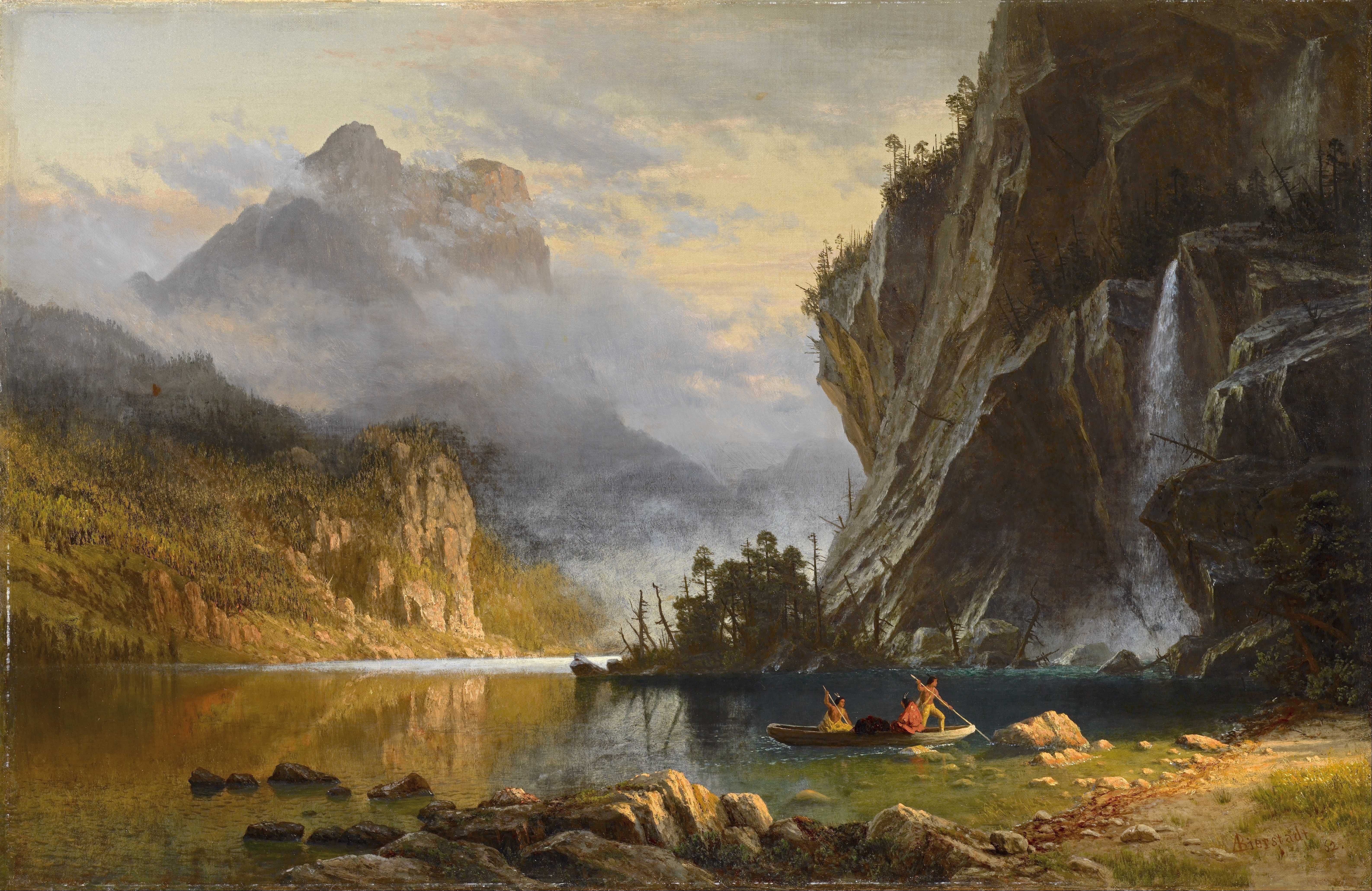 Albert Bierstadt's Indians Spear Fishing in Mountains HD Wallpaper