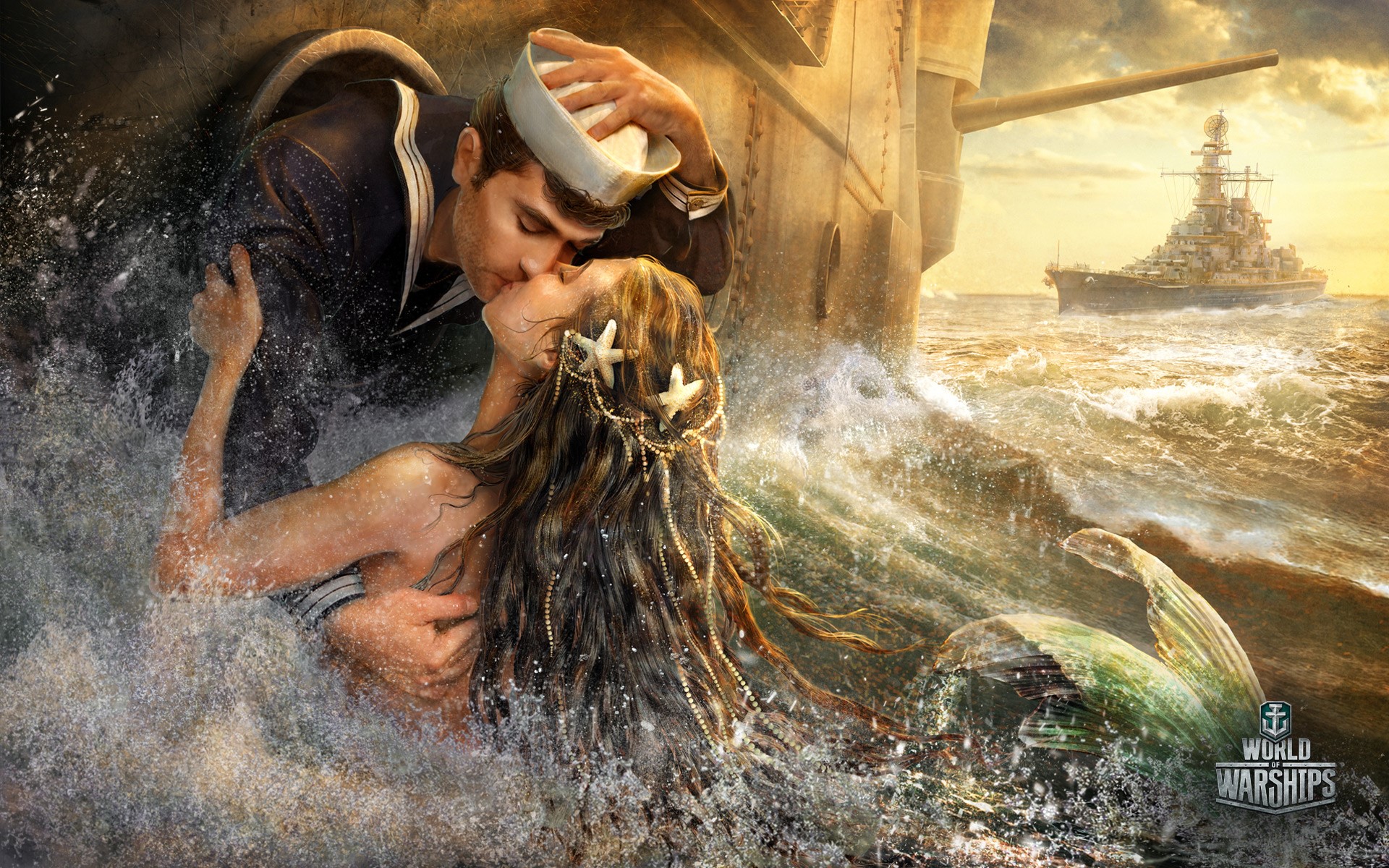 Sailor kissing a mermaid with a battleship in the background HD Wallpaper