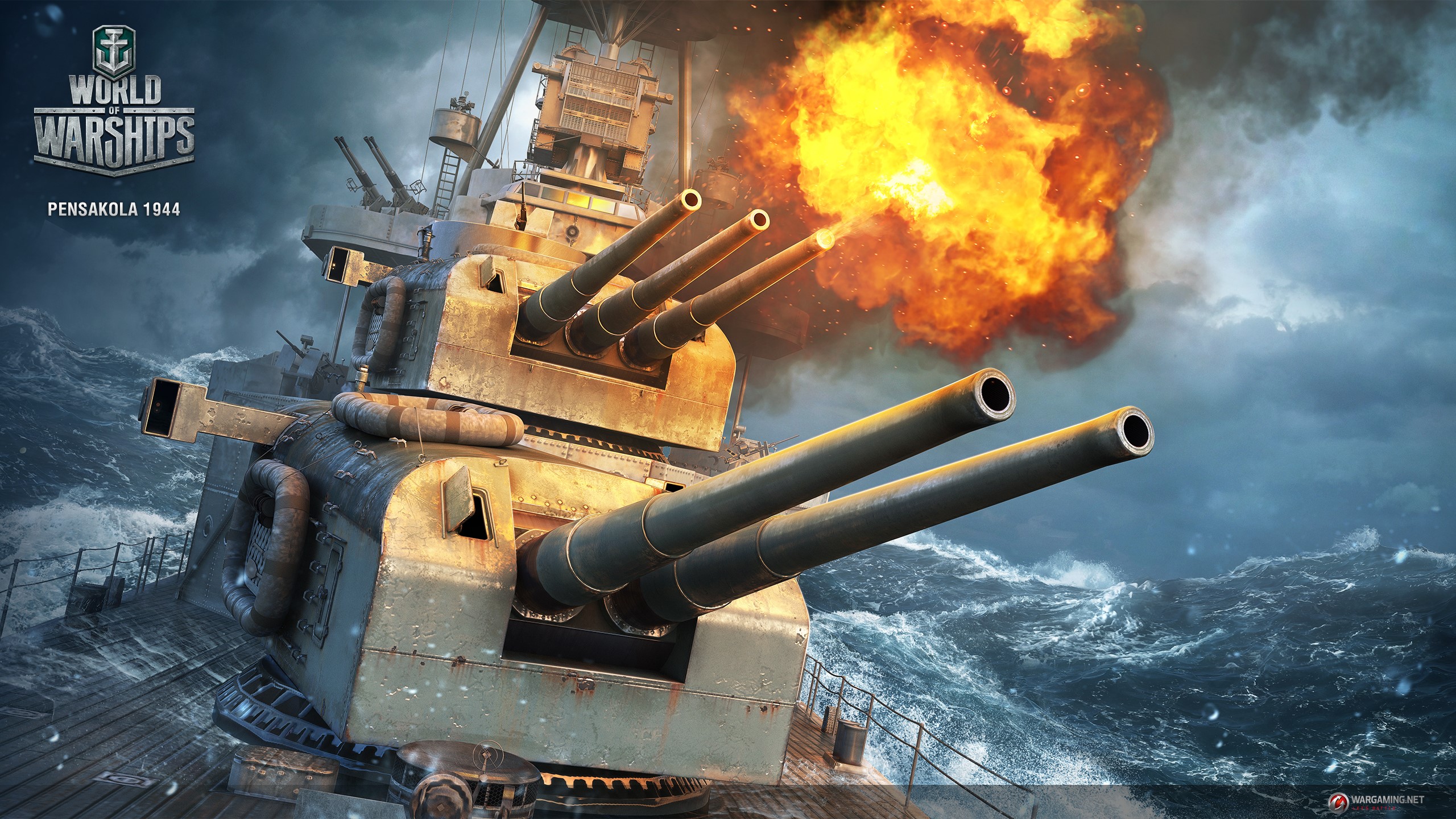 World of Warships Pensakola 1944 firing cannons HD Wallpaper