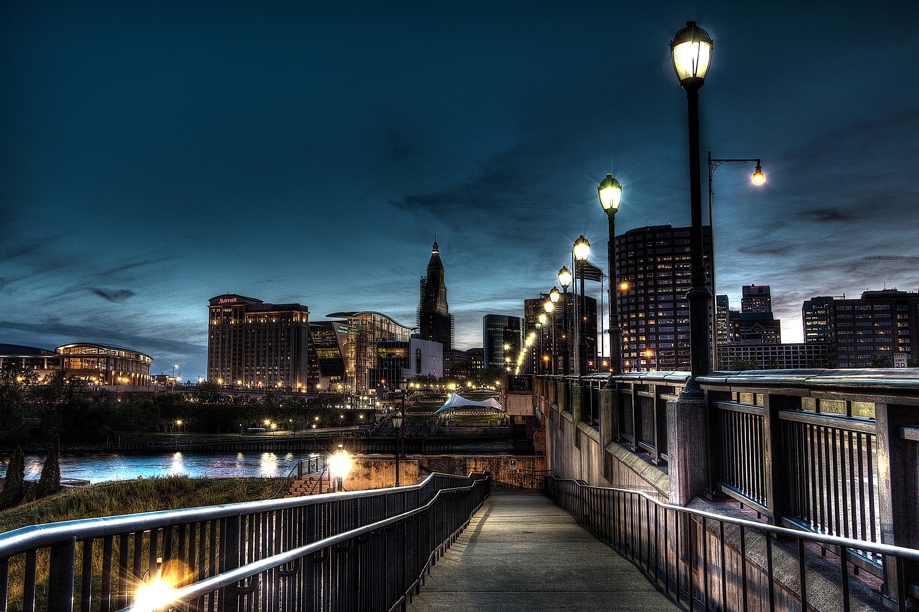 Hartford skyline at night with street lights and bridge HD Wallpaper