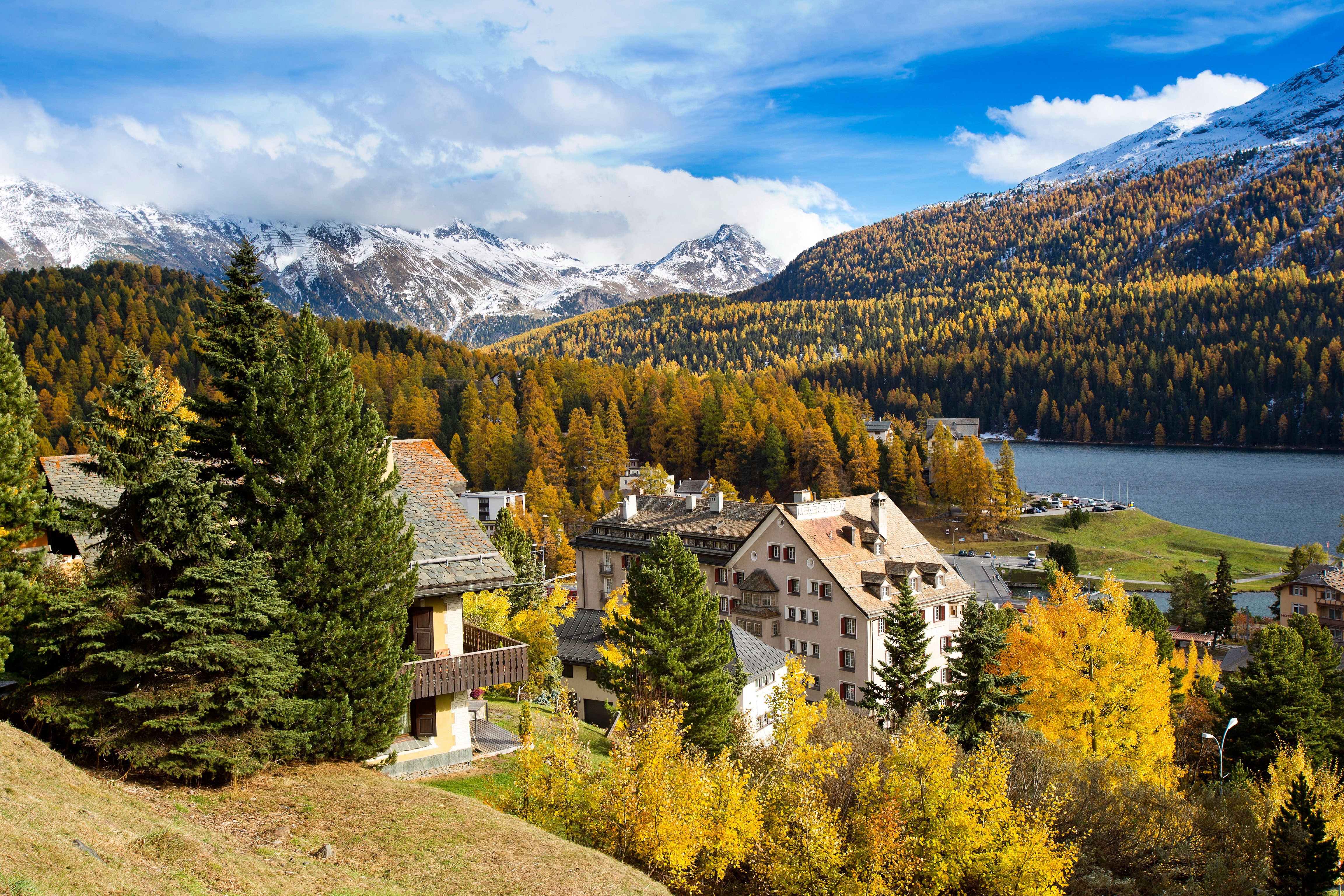 4K St. Moritz Switzerland Houses Scenery Mountains Trees HD Wallpaper