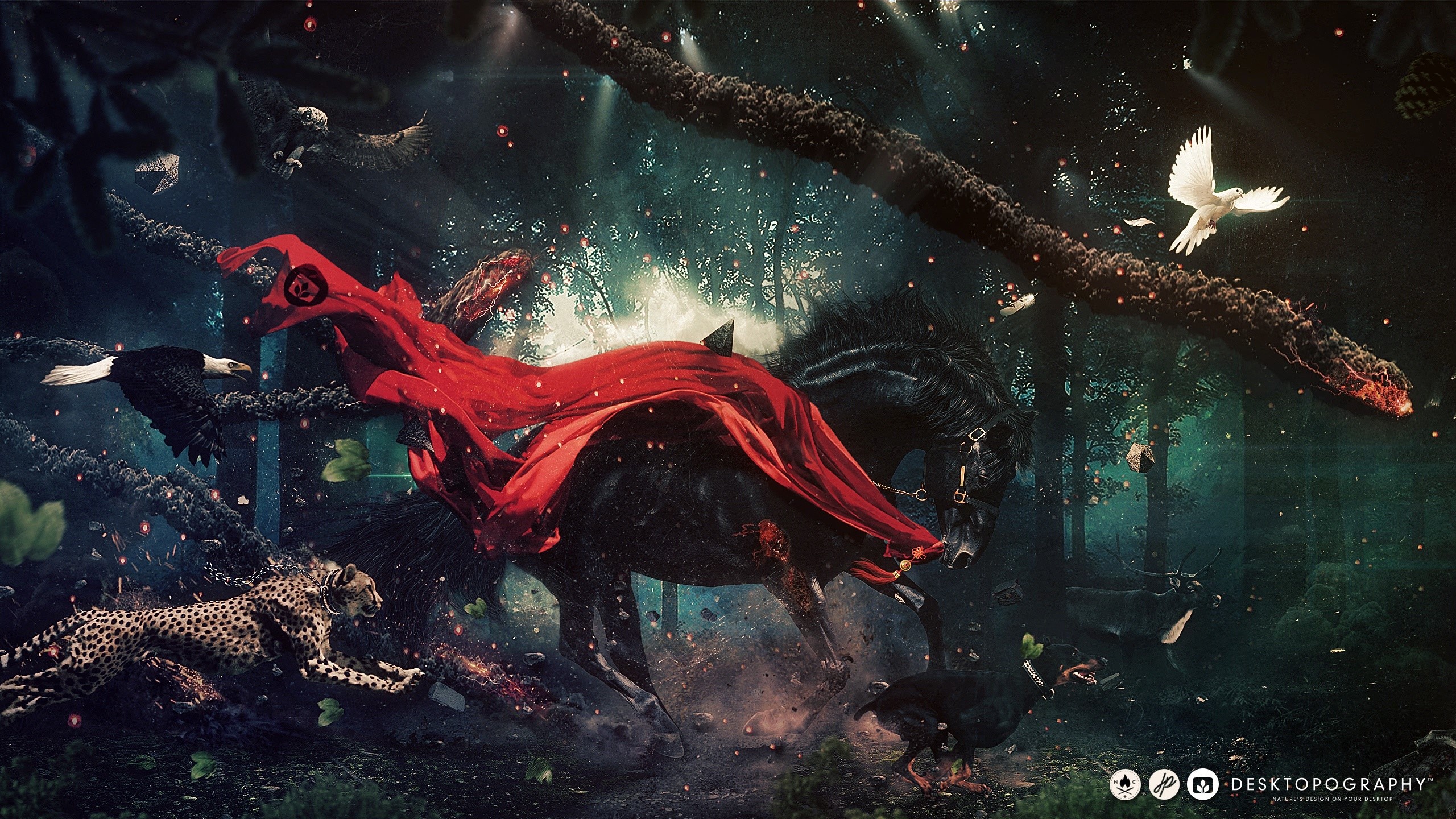 Black horse with red cape, cheetah, eagles, and dove HD Wallpaper