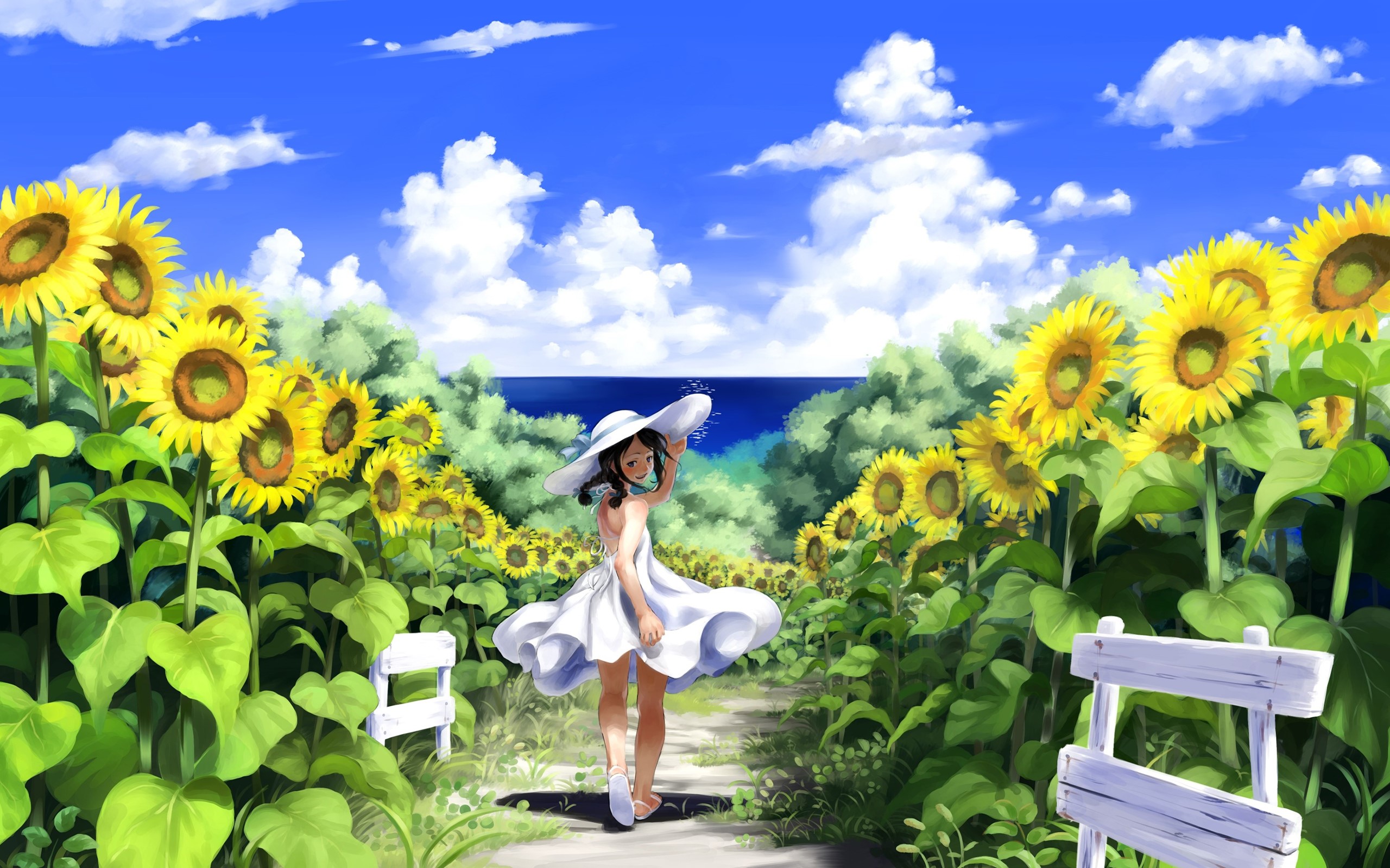 Girl in a sunflower field with a hat HD Wallpaper