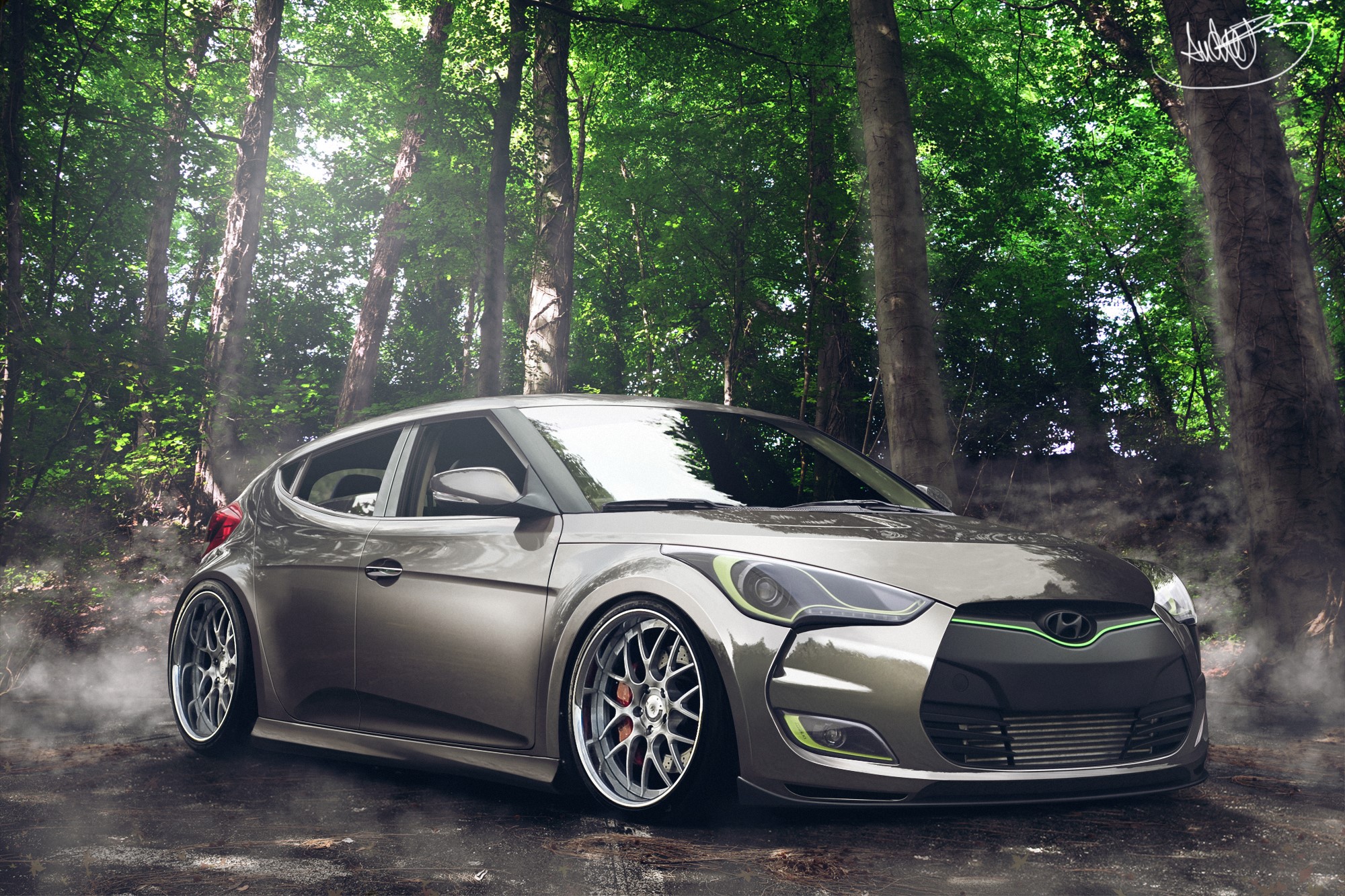 Modified Hyundai Veloster in a forest HD Wallpaper
