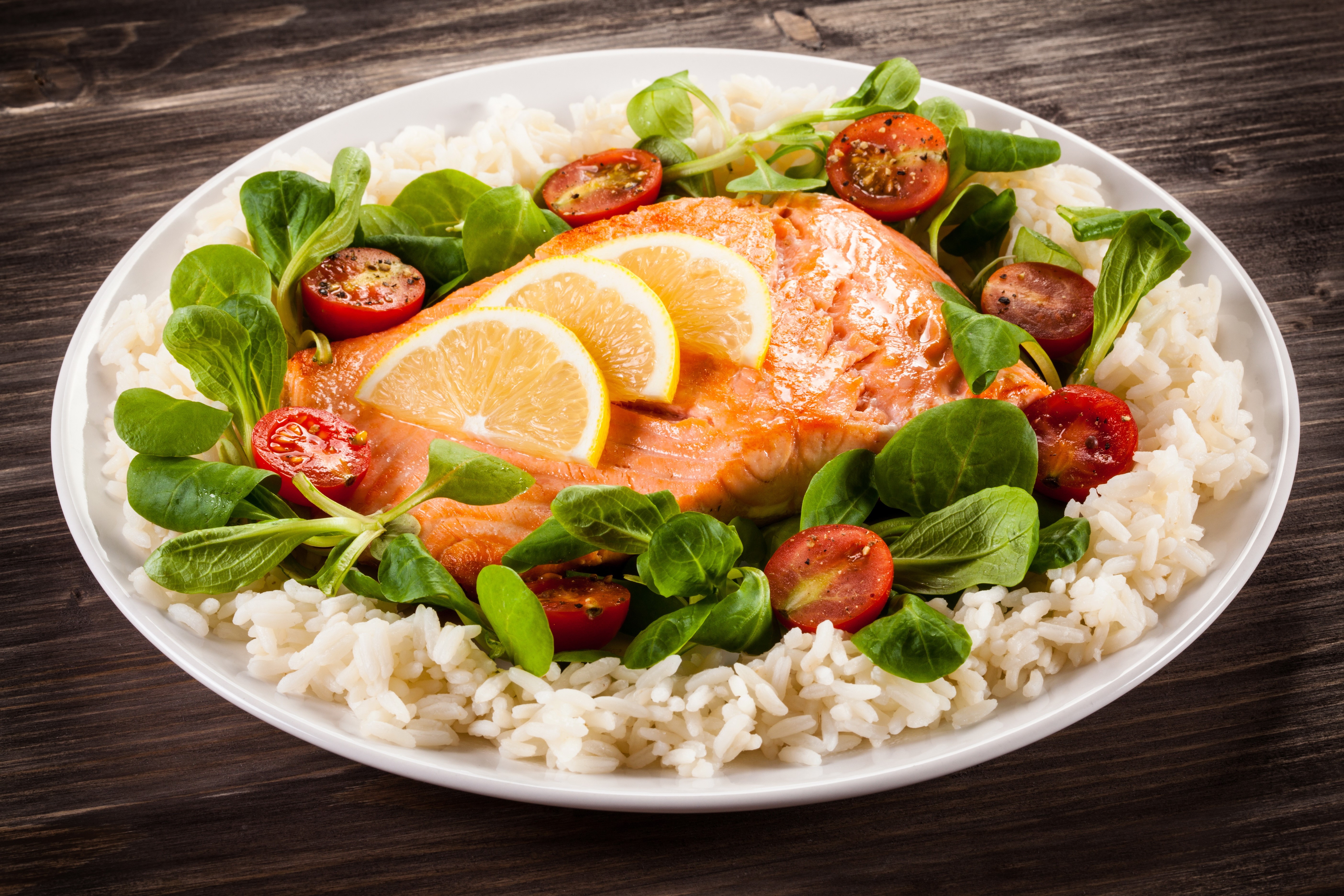 Salmon with rice and vegetables HD Wallpaper