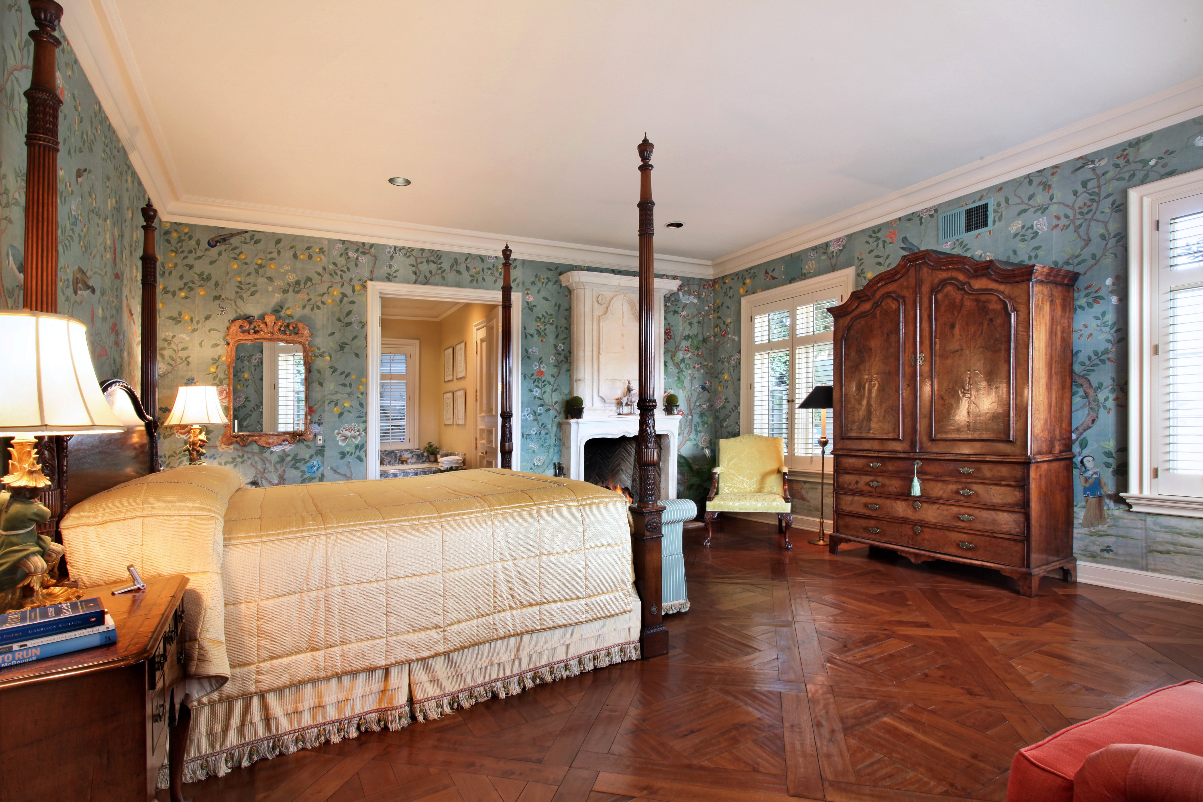Bedroom with Four-Poster Bed and Armoire HD Wallpaper