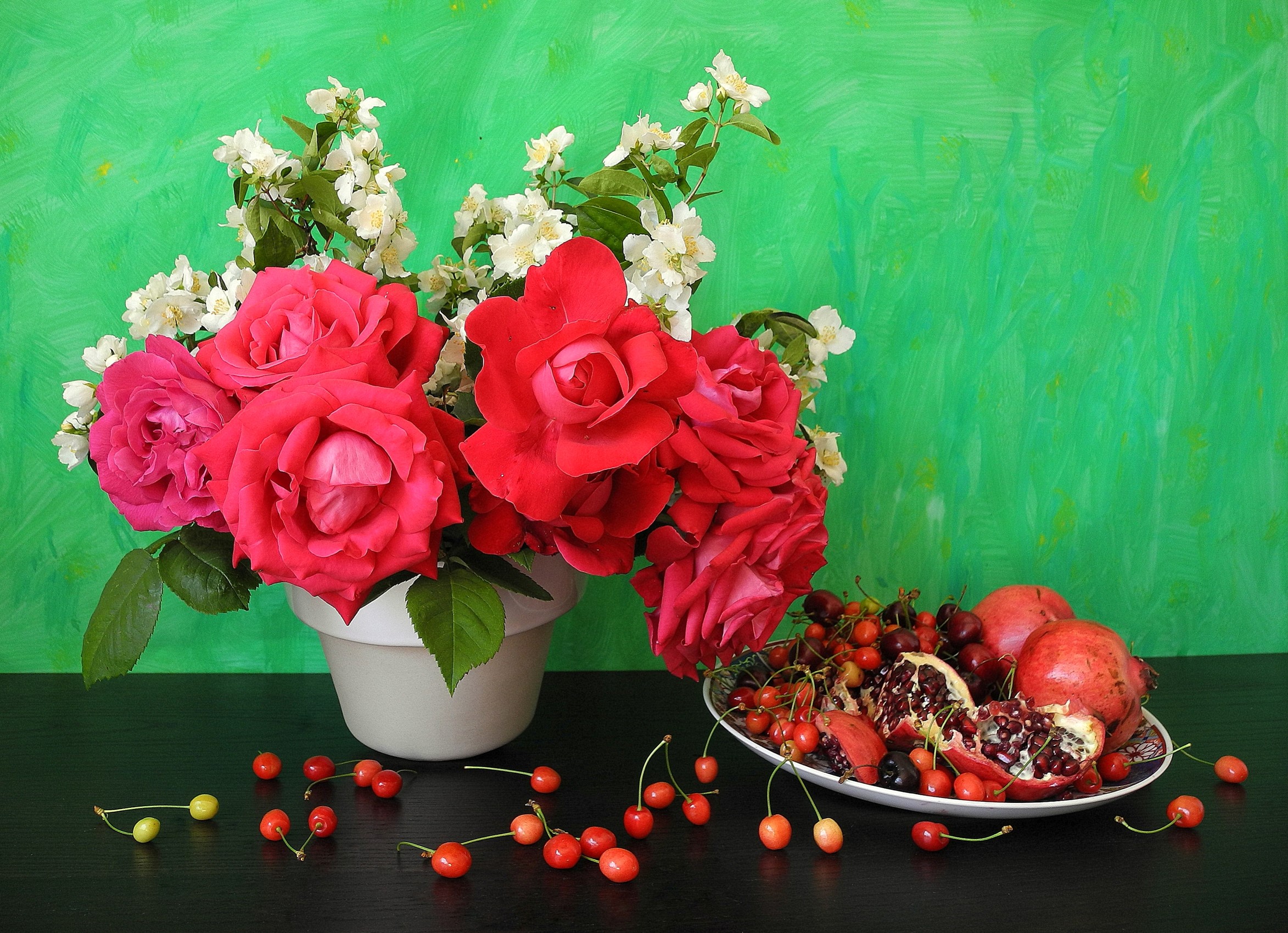 Still-life of roses, cherries, and pomegranates HD Wallpaper
