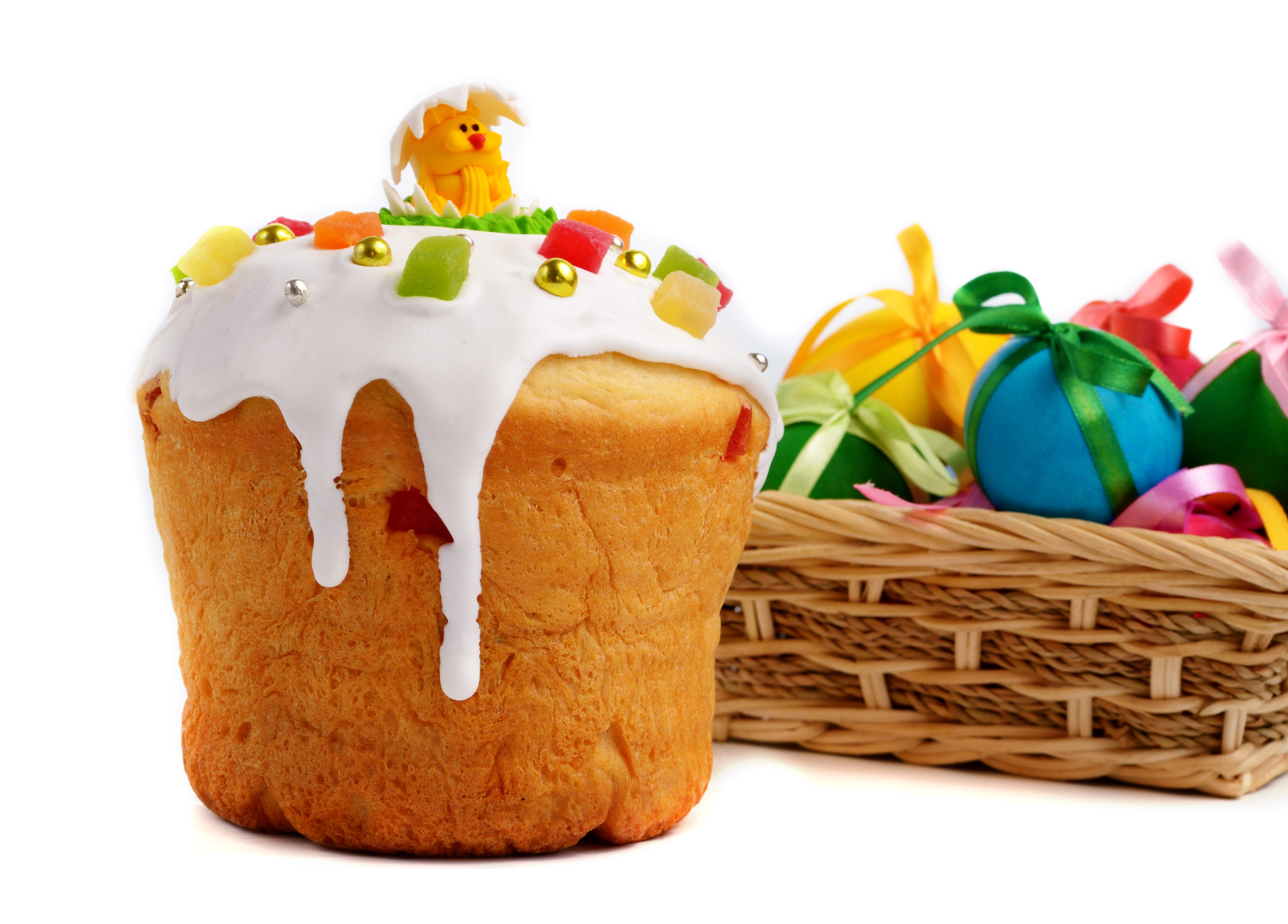 Easter Kulich with Icing and Candied Fruit in a Wicker Basket with Eggs HD Wallpaper