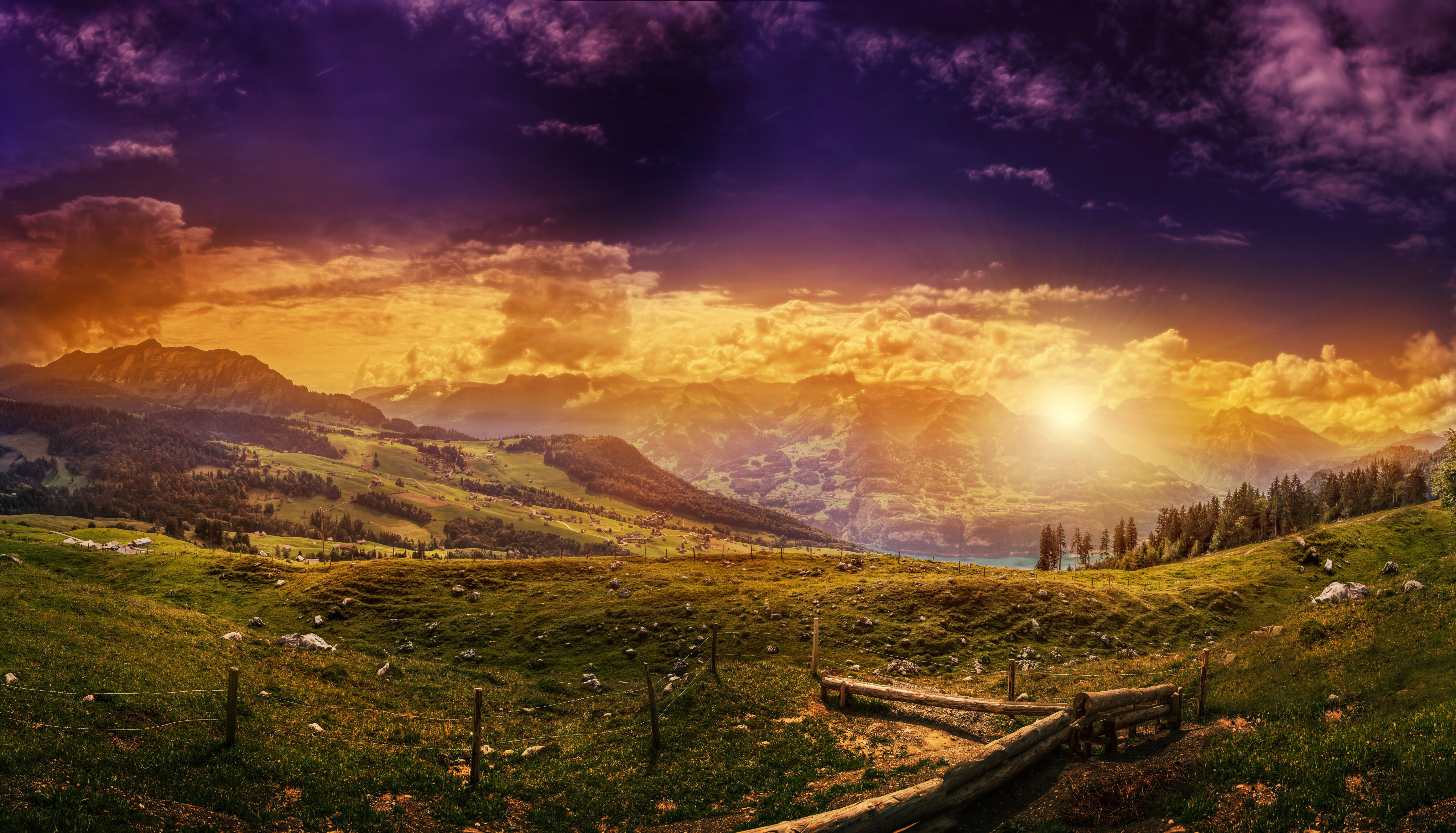 Mountains and Grasslands at Sunset HD Wallpaper