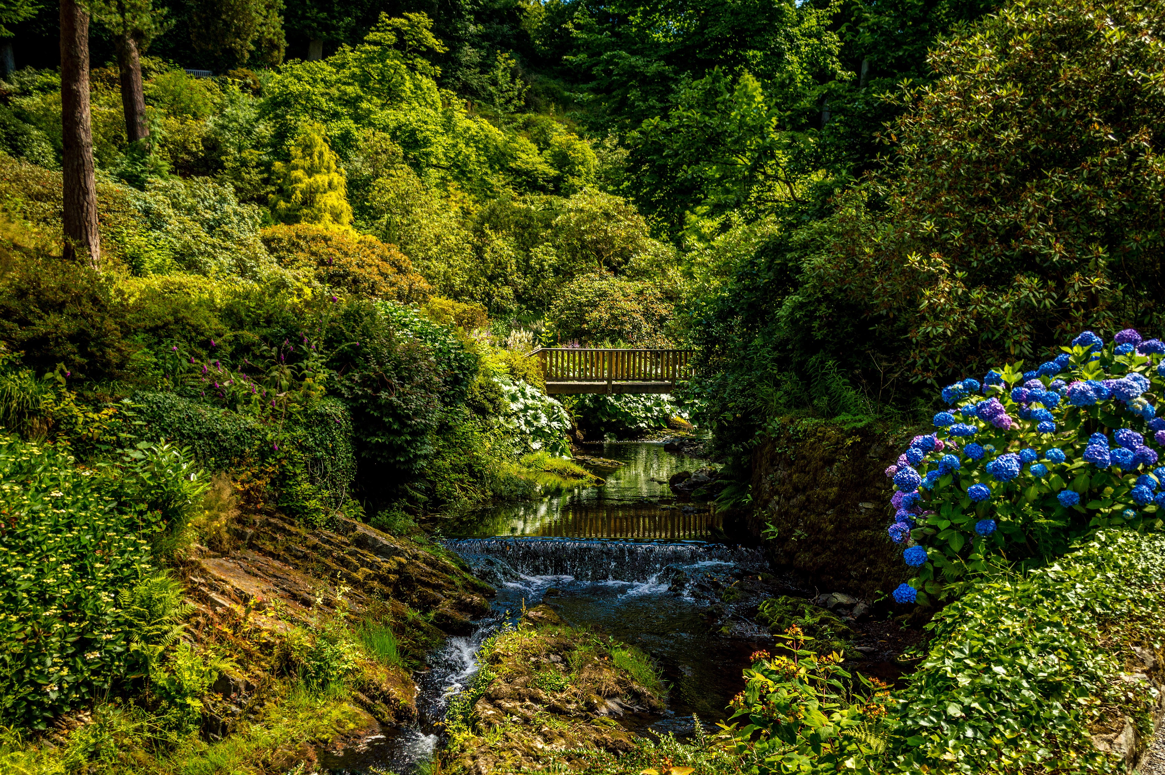 Bodnant Gardens Waterfall and Bridge in Wales HD Wallpaper