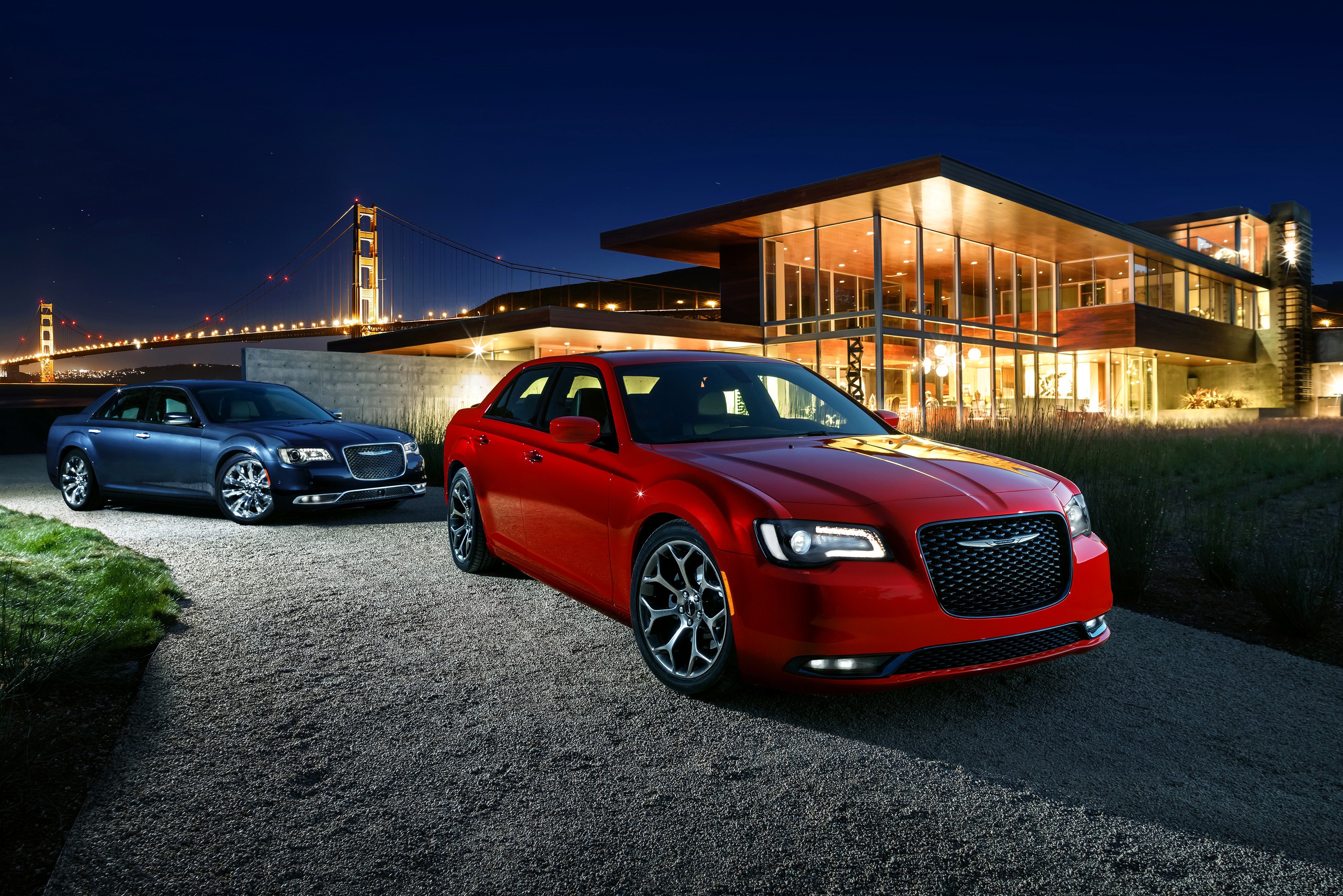 Two Chrysler 300 C cars at night near Golden Gate Bridge HD Wallpaper