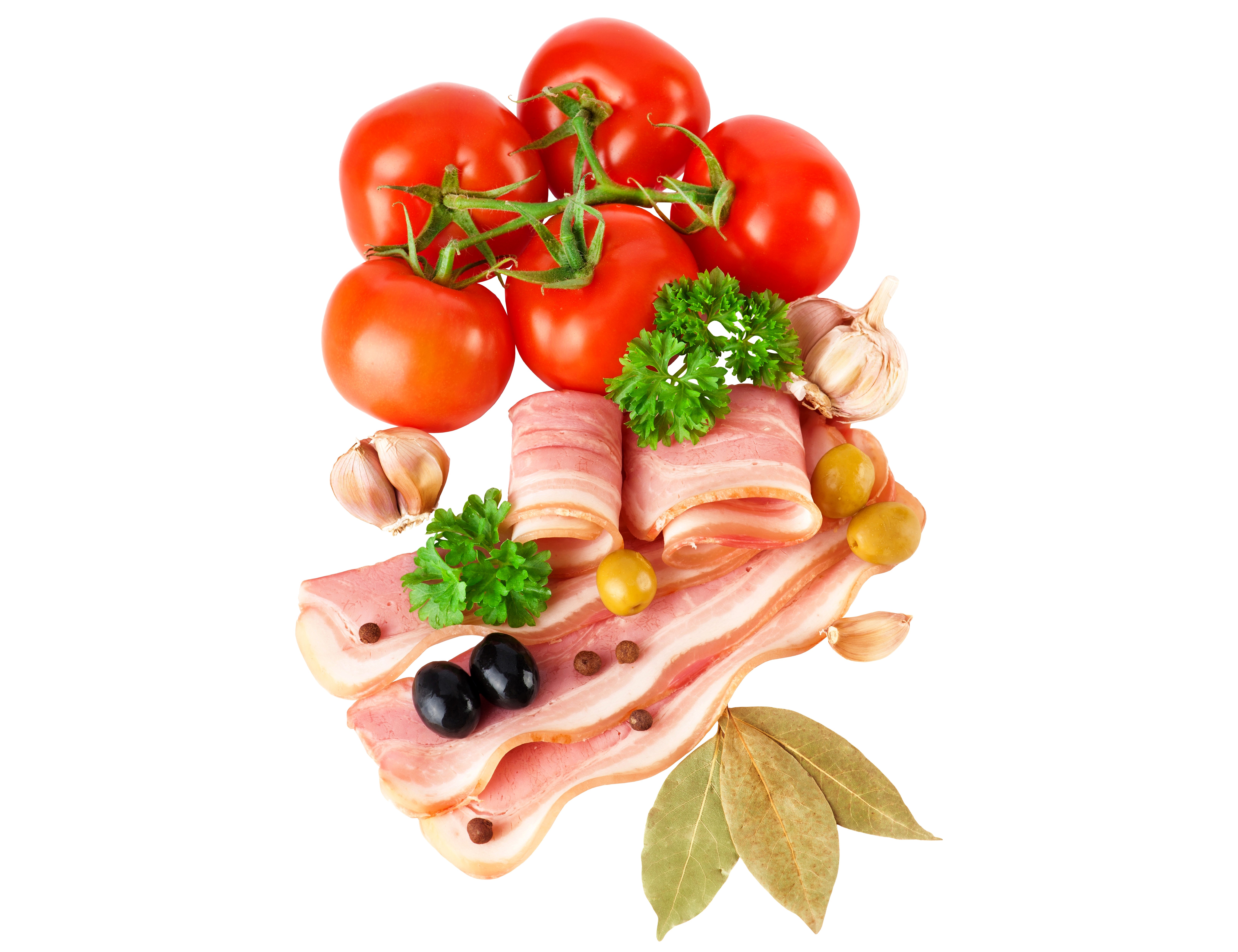 Tomatoes, Bacon, Garlic, Olives, and Bay Leaves HD Wallpaper