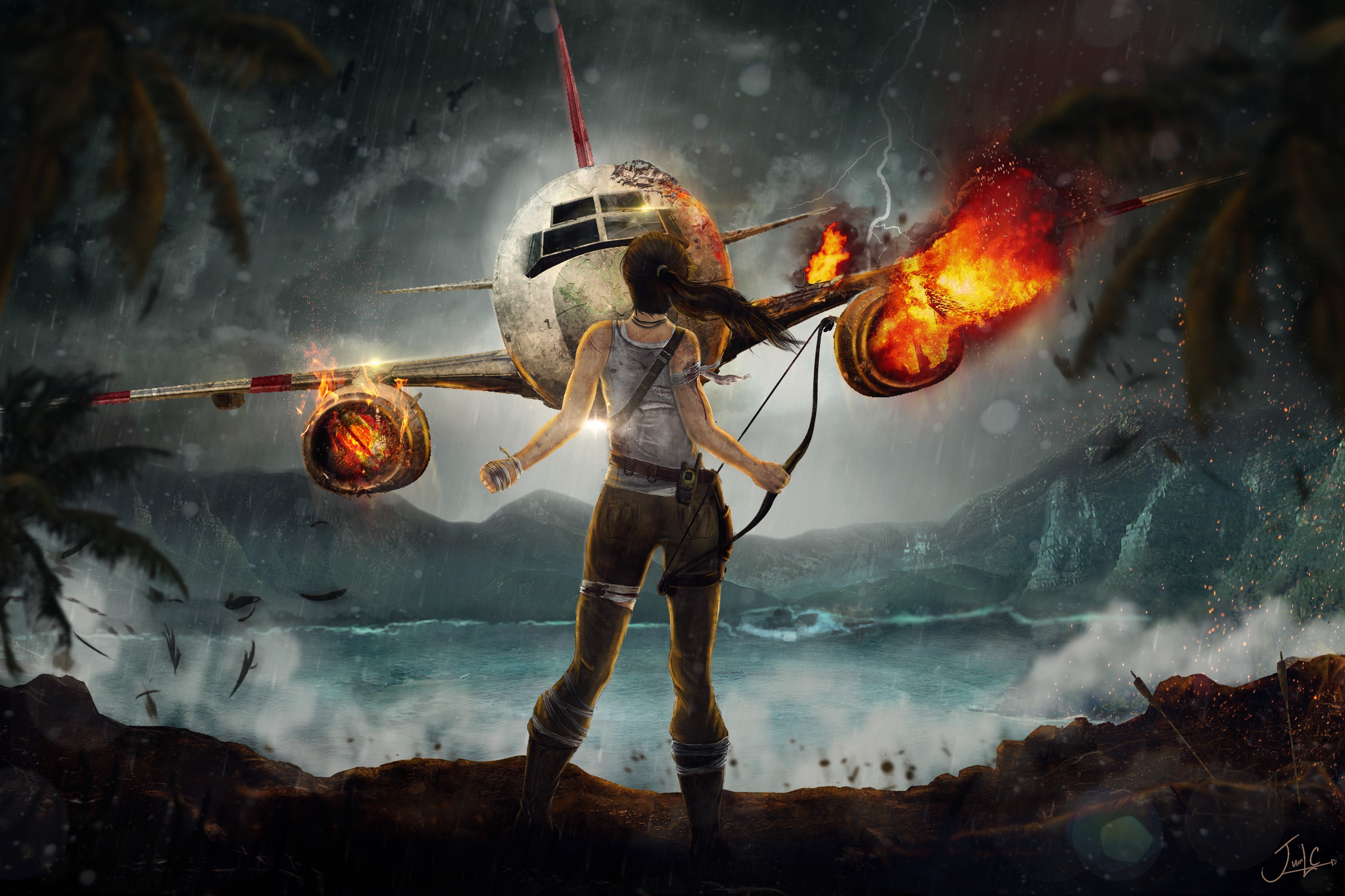 Lara Croft from Tomb Raider in front of a crashing airplane HD Wallpaper