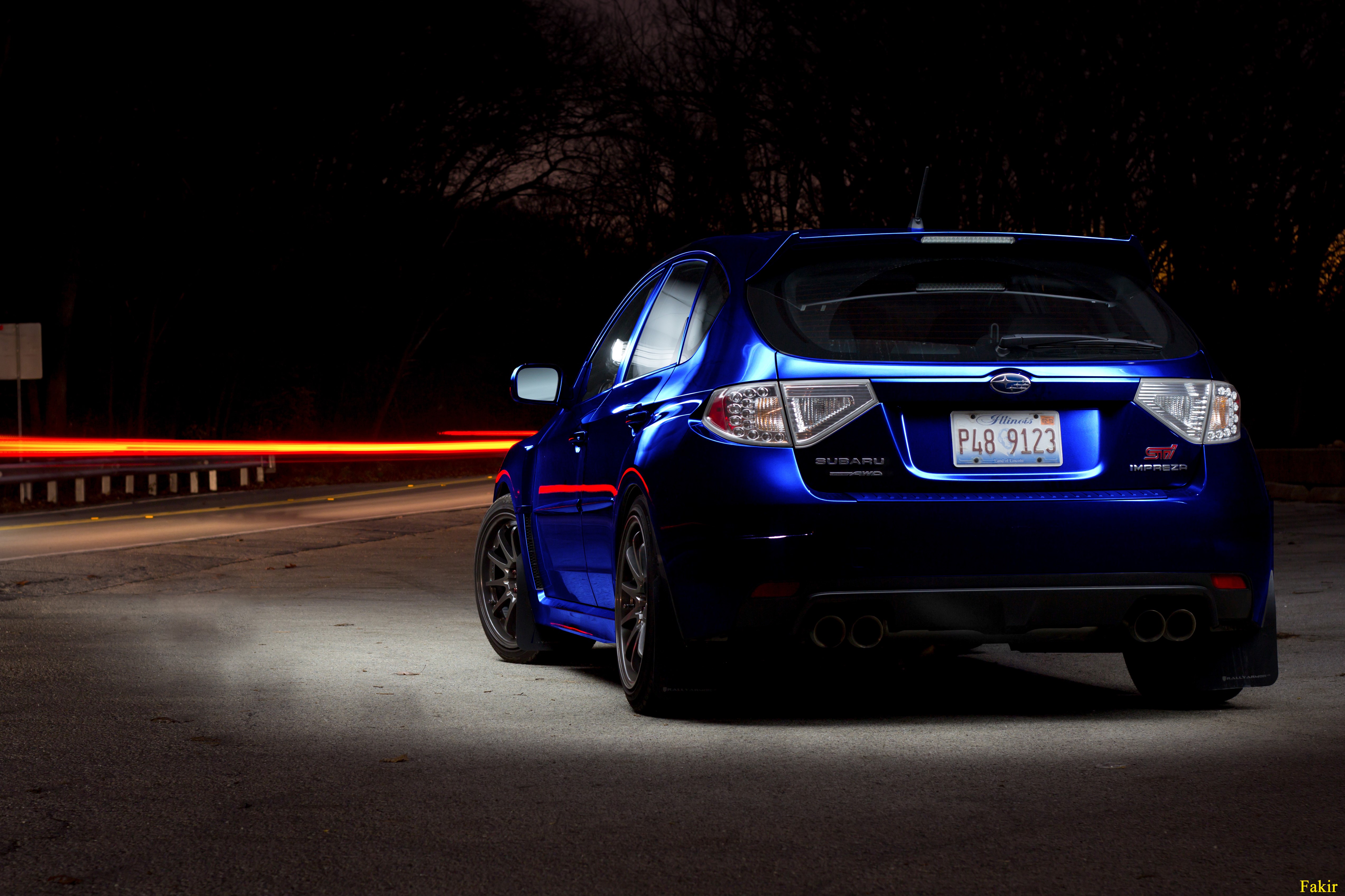 Blue Subaru Impreza WRX STI hatchback at night HD Wallpaper