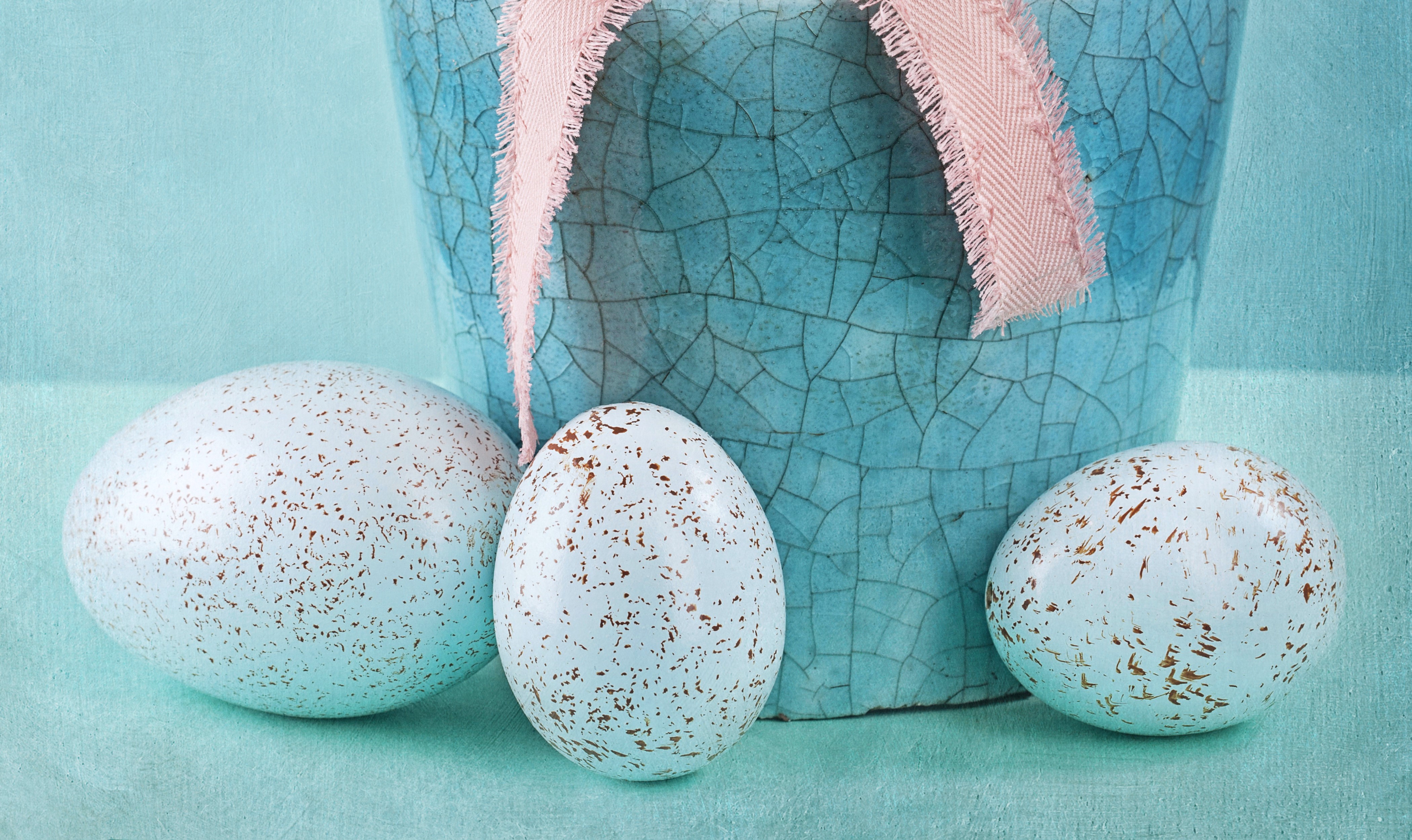Three Easter Eggs with Blue Pot and Pink Ribbon HD Wallpaper