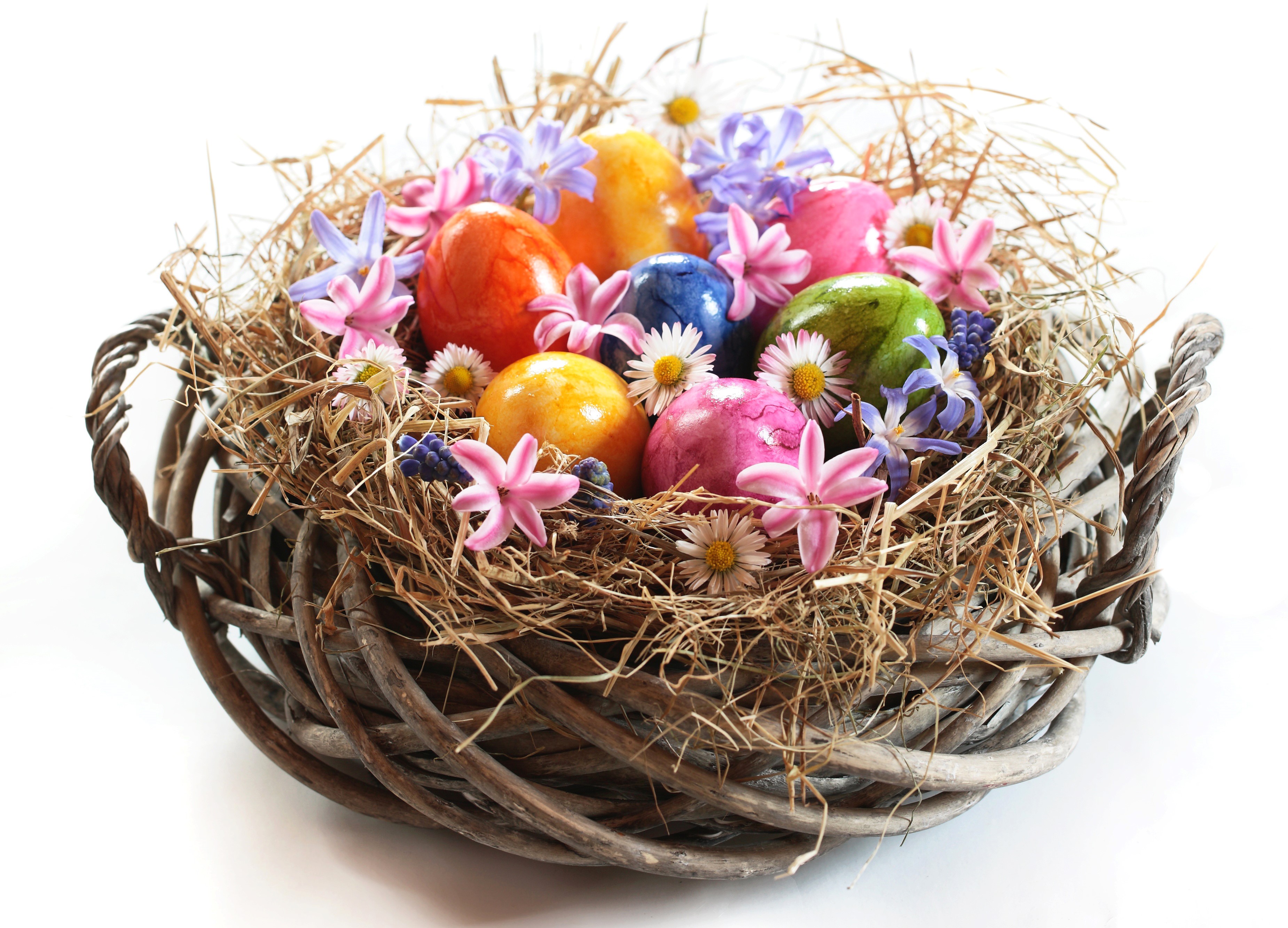 Easter eggs and flowers in a wicker basket HD Wallpaper