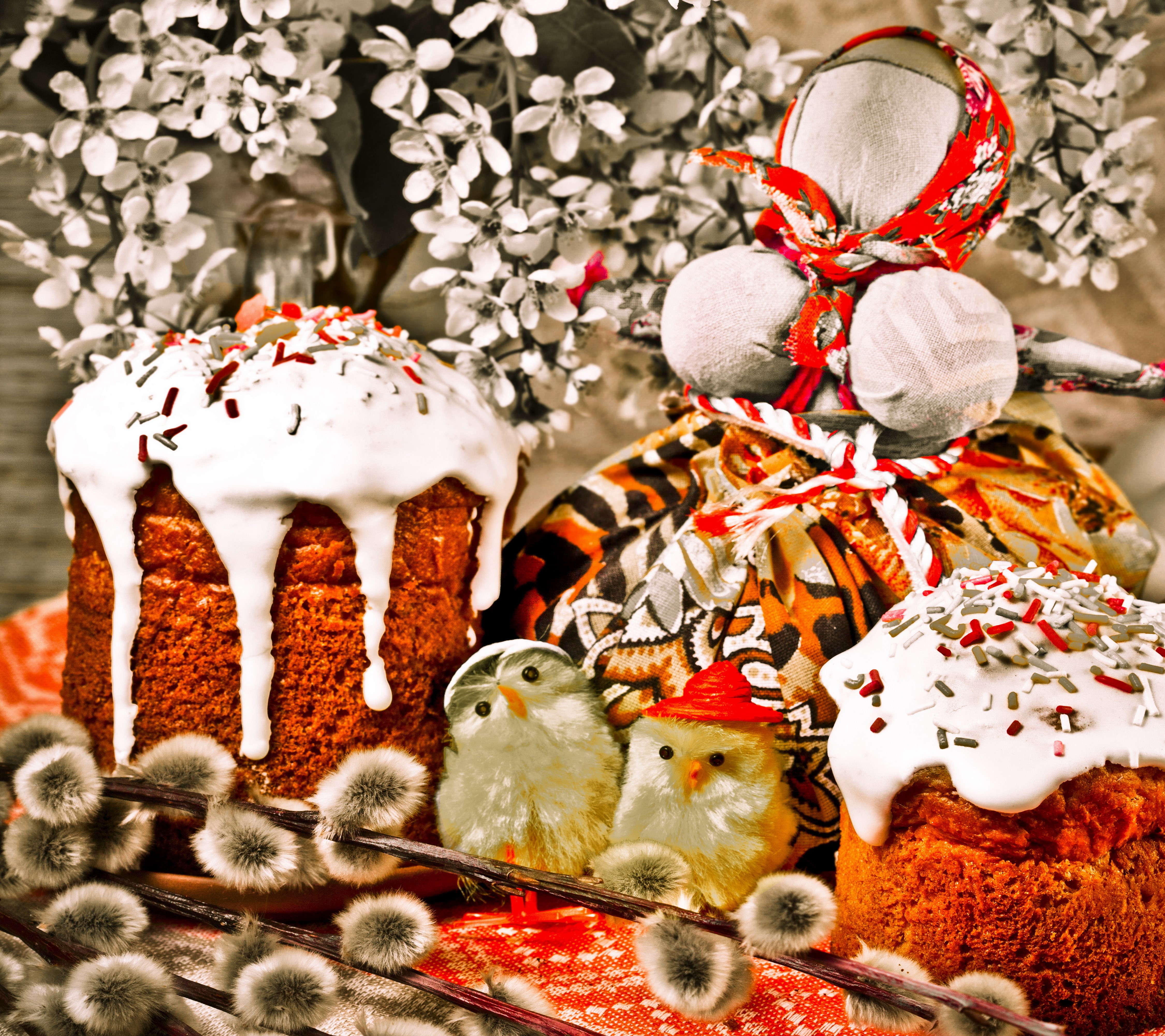 Easter Kulich with decorations and a doll HD Wallpaper