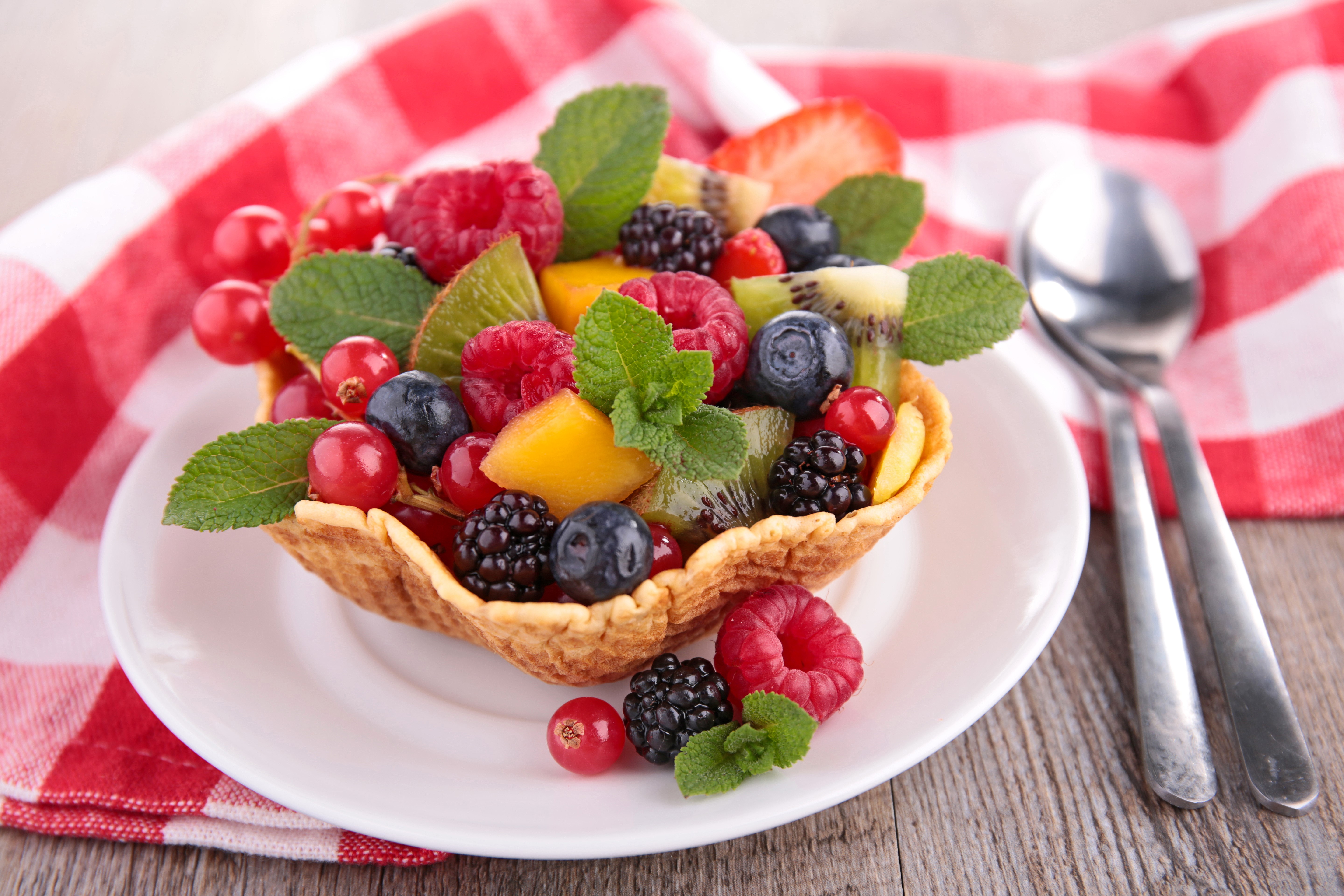 Fruit salad in a waffle bowl with mint HD Wallpaper