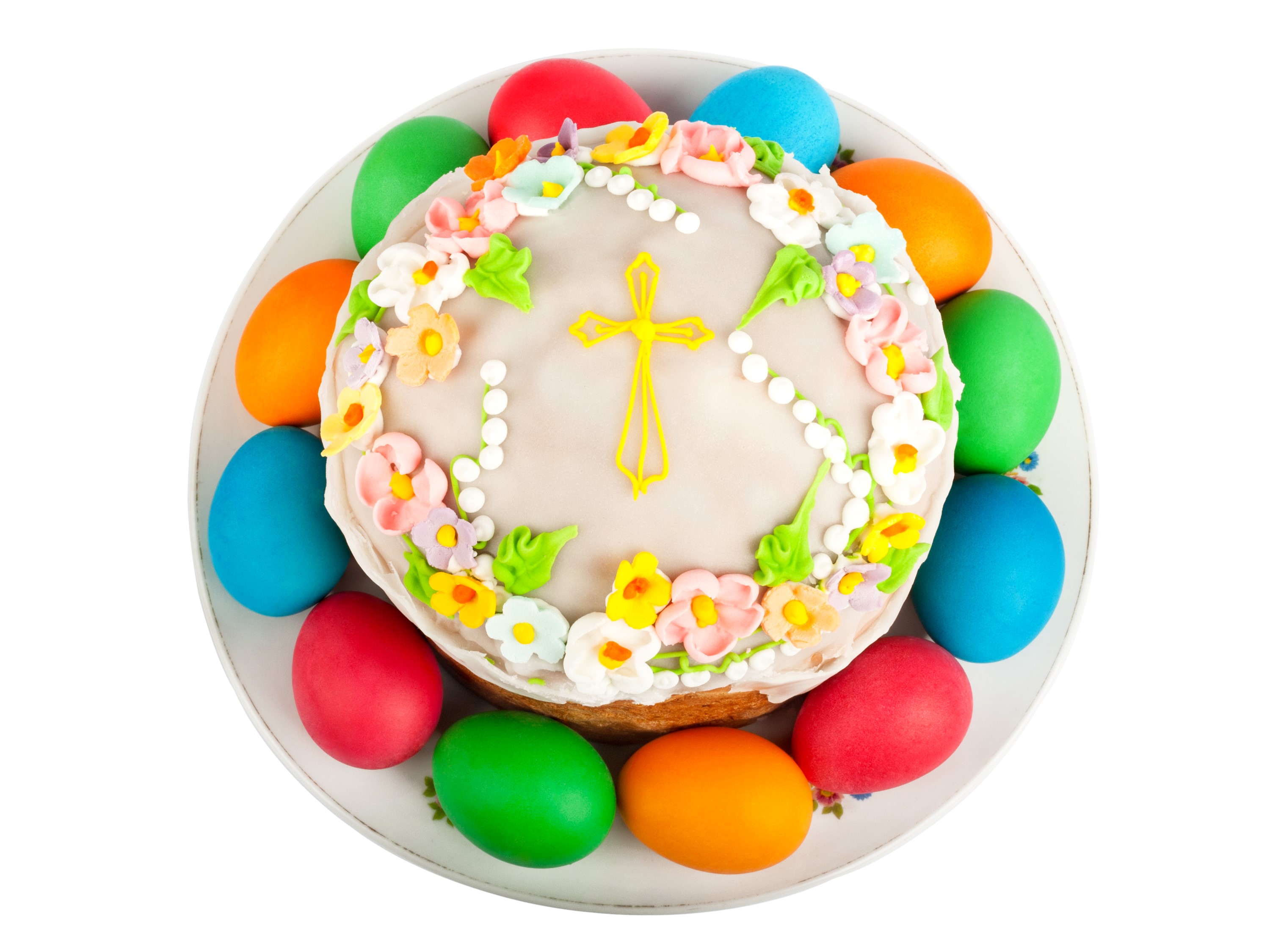 Easter Cake Decorated with Flowers and Cross Surrounded by Colorful Eggs HD Wallpaper