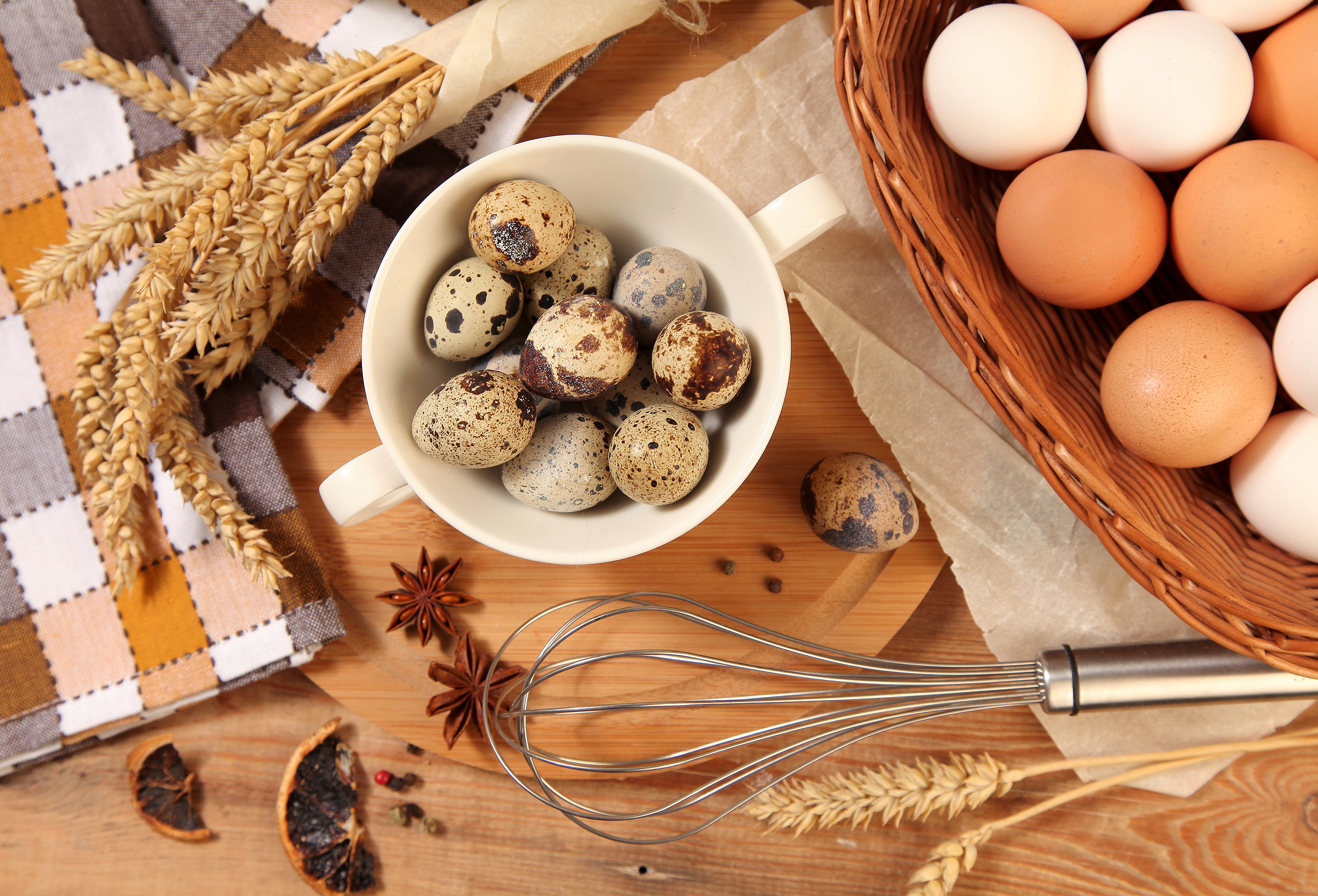 Quail and Chicken Eggs with Wheat and Whisk HD Wallpaper