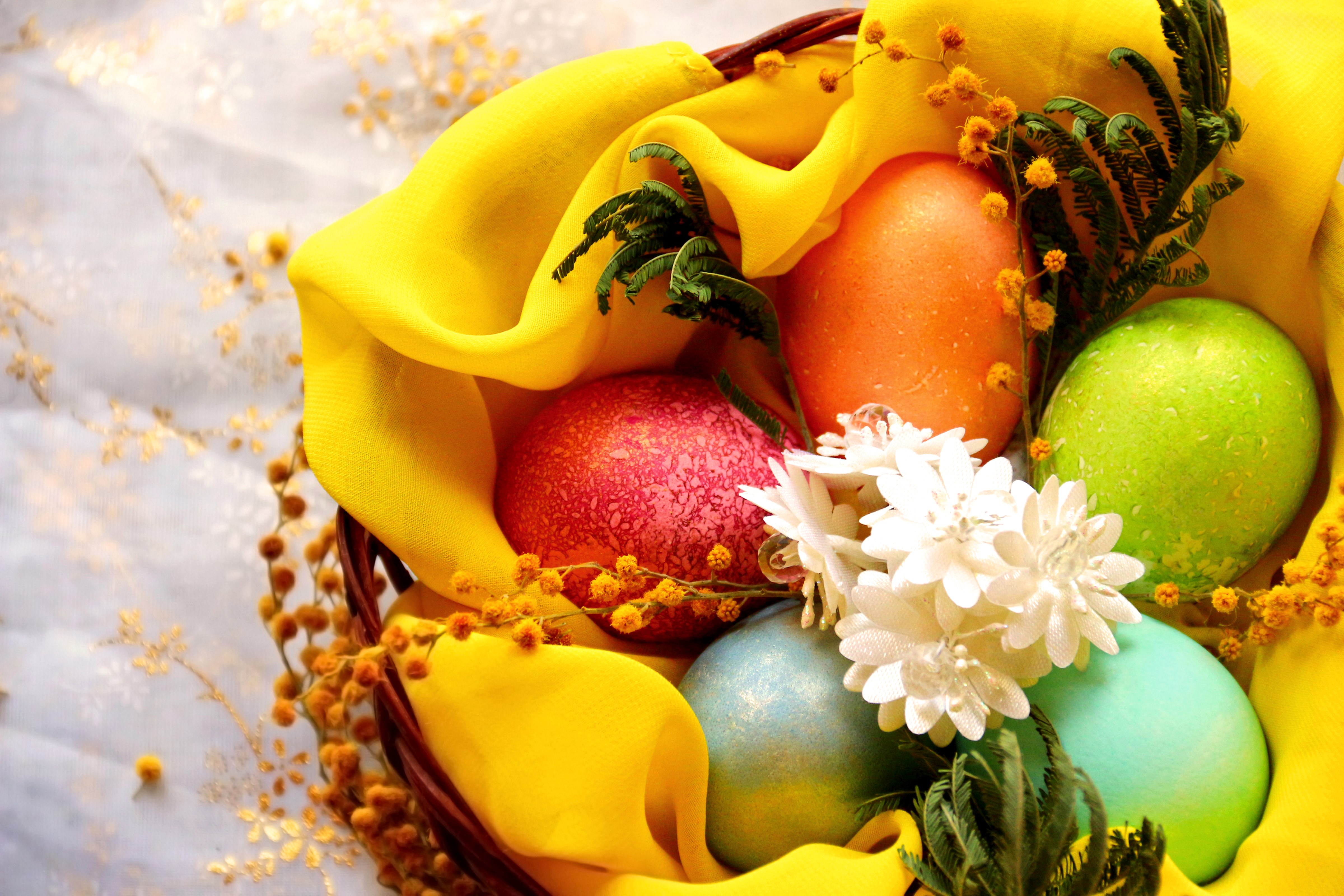 Easter Eggs in a Basket with Yellow Fabric HD Wallpaper