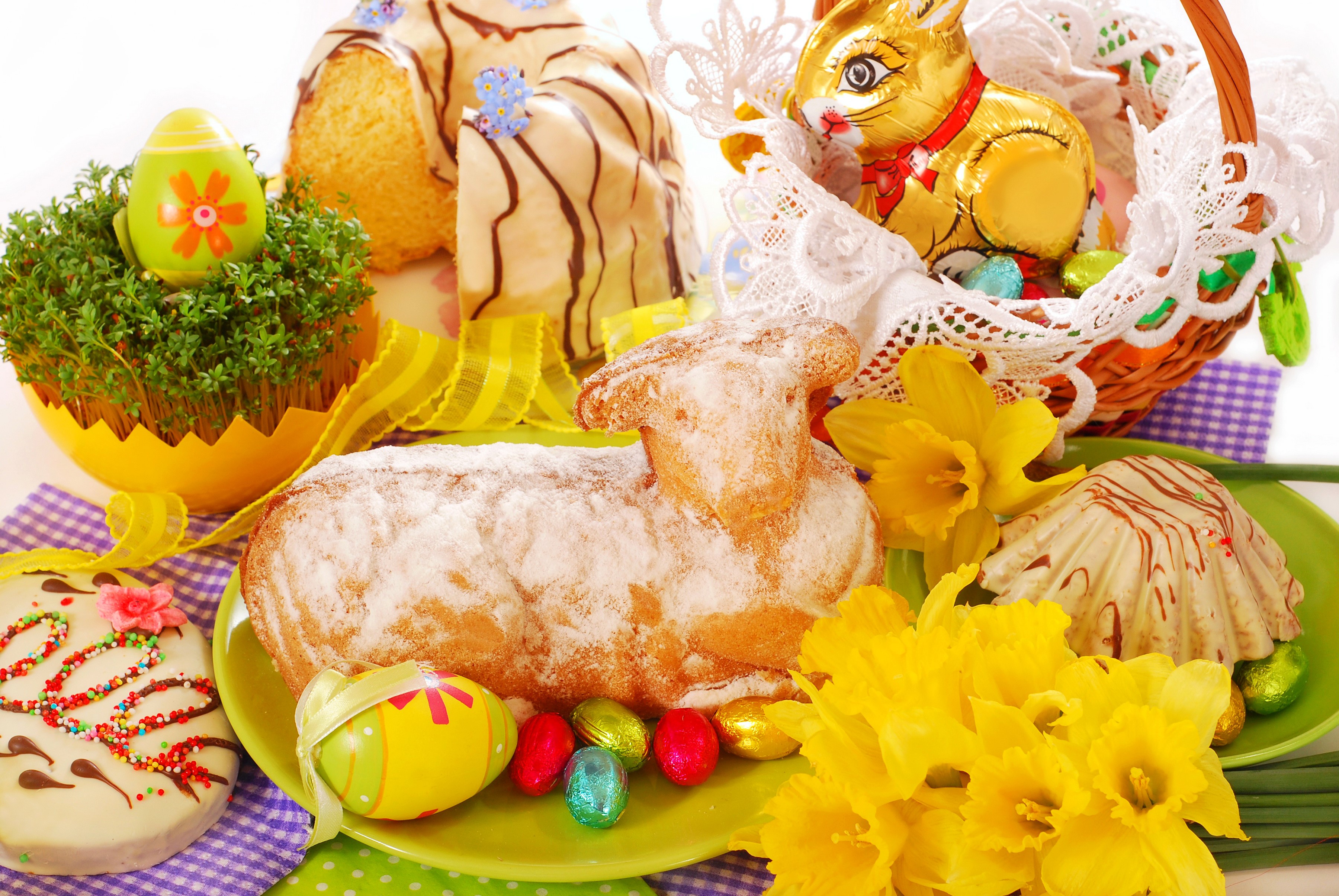 Easter Pastry Lamb, Cake, Chocolate Bunny, and Daffodils HD Wallpaper