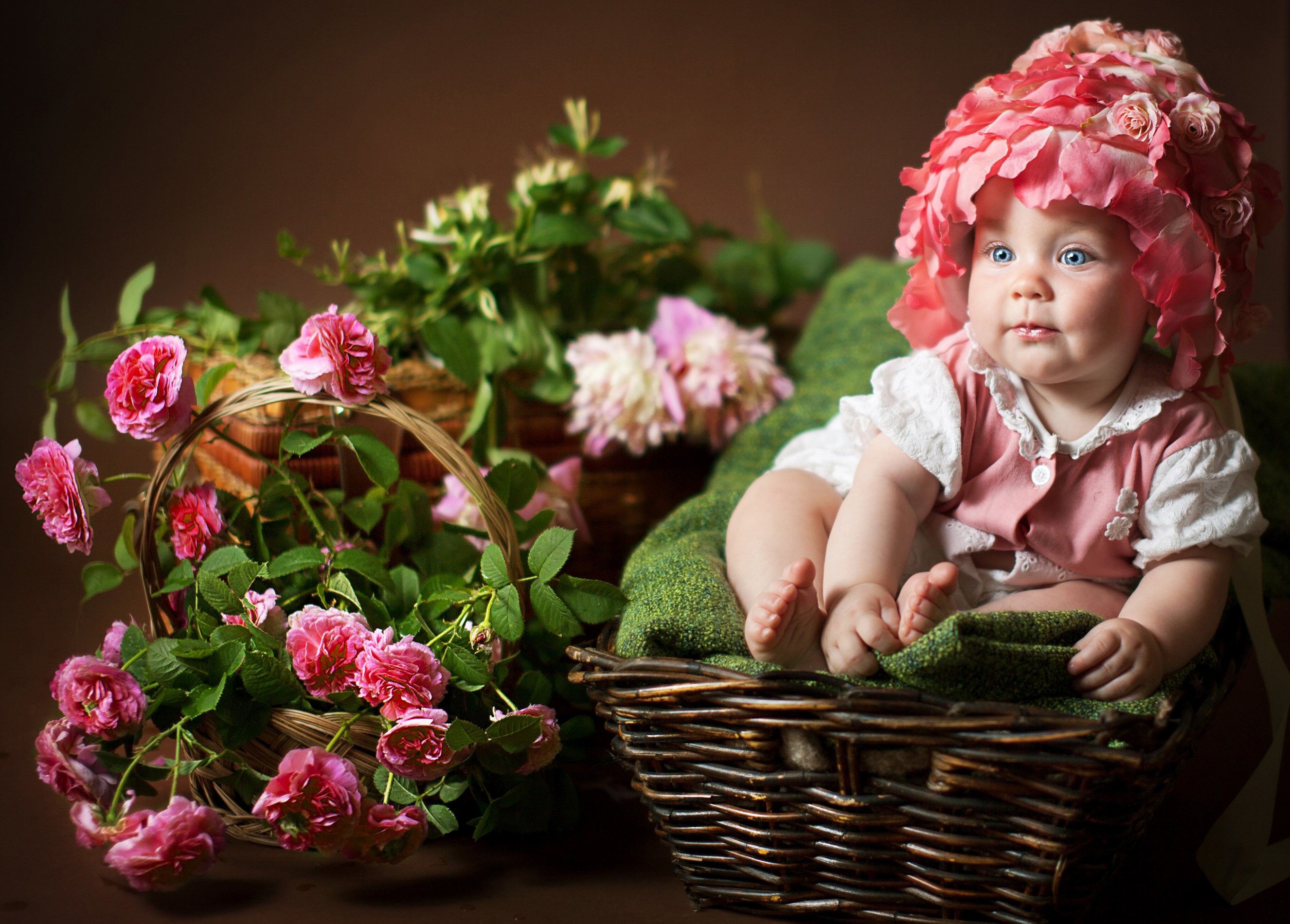 Baby in a flower hat sitting in a wicker basket with roses HD Wallpaper