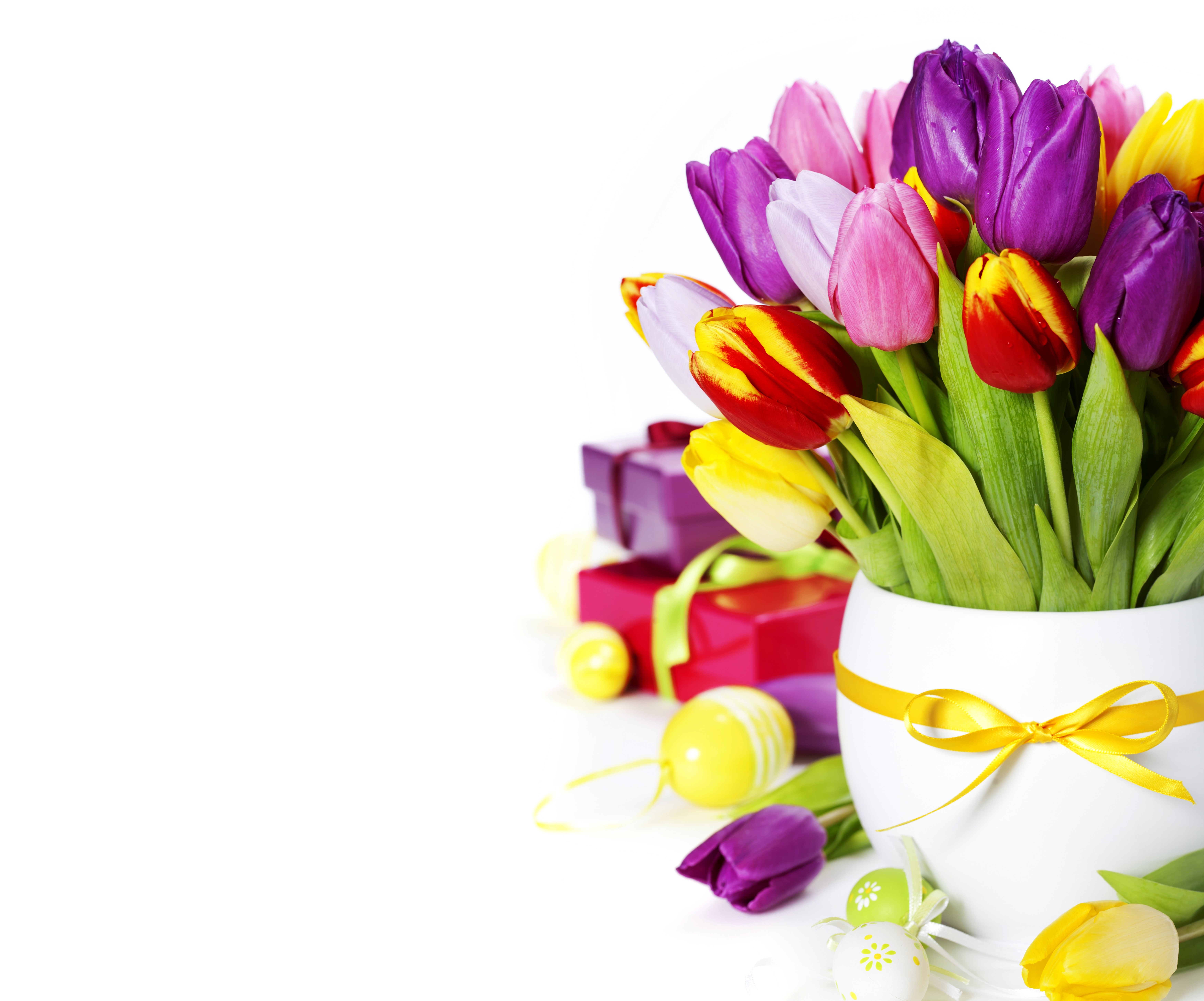 Easter Tulips in a Vase with Gifts and Eggs HD Wallpaper