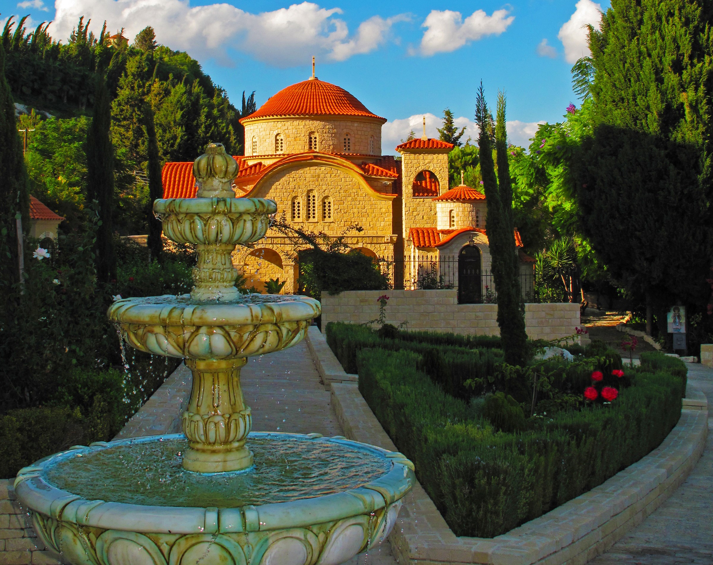 Agios Georgios Alamanos Monastery with Fountain and Garden HD Wallpaper